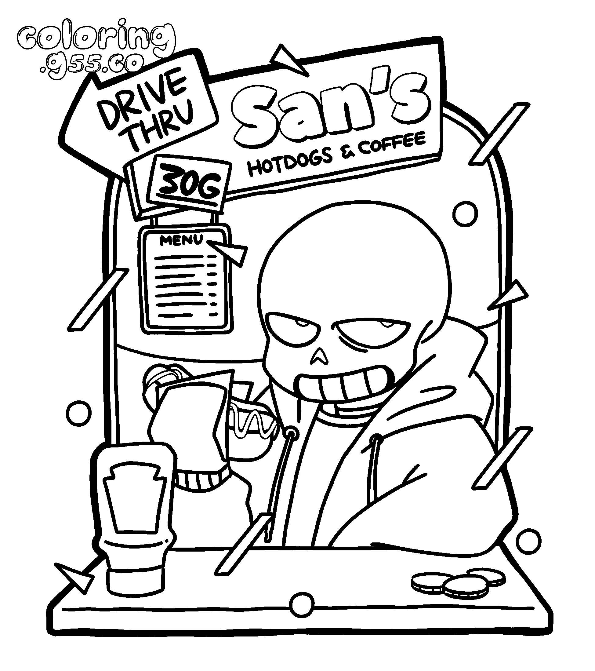 sans hotdog stand line art