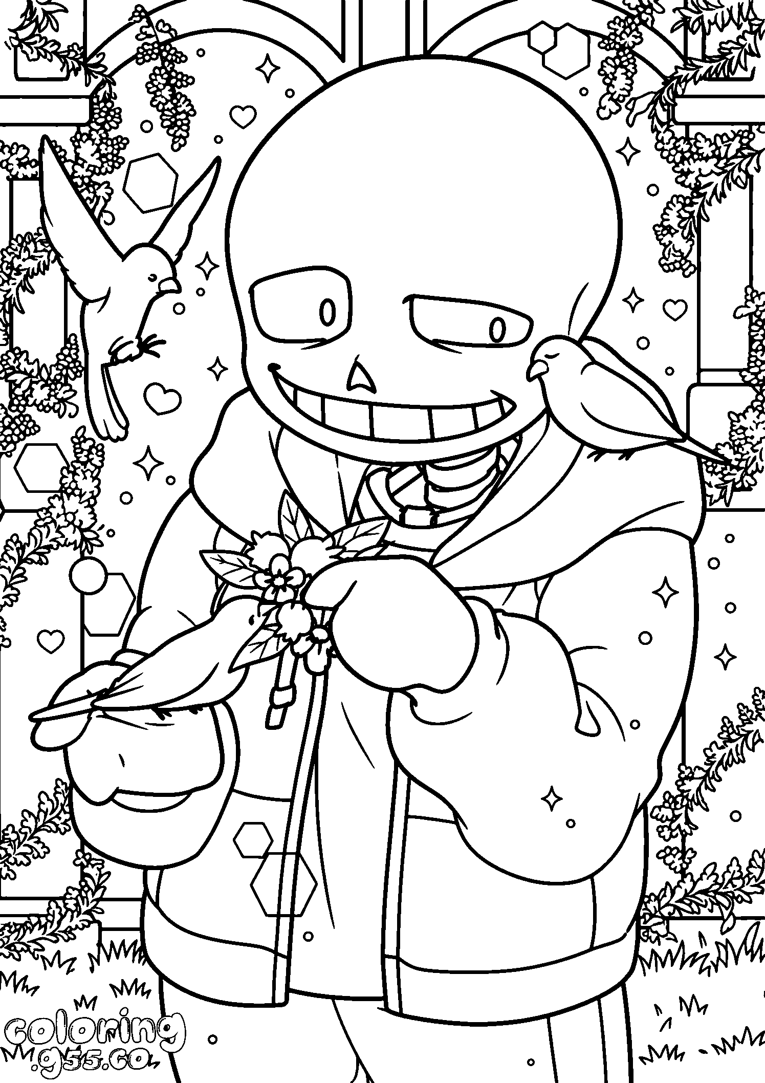 sans with birds undertale line art