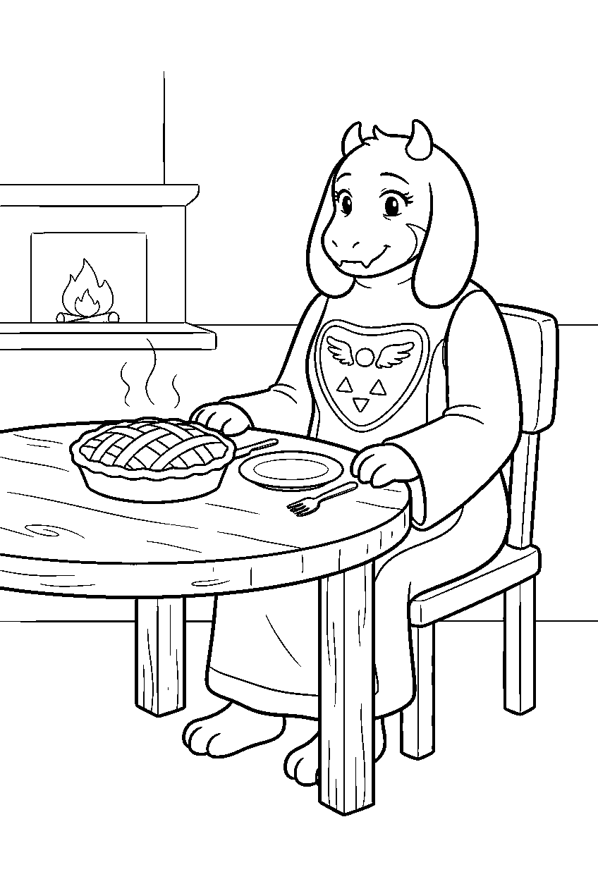 undertale toriel sitting at a table with pie line art