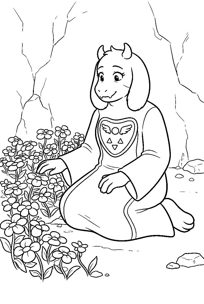 undertale toriel sitting beside a golden flower bed line art
