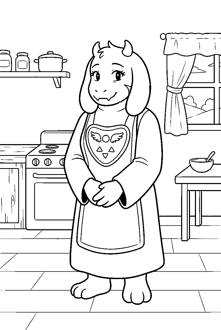 undertale toriel standing in her kitchen line art