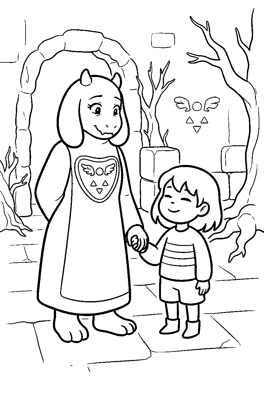 undertale toriel standing with frisk in the ruins line art