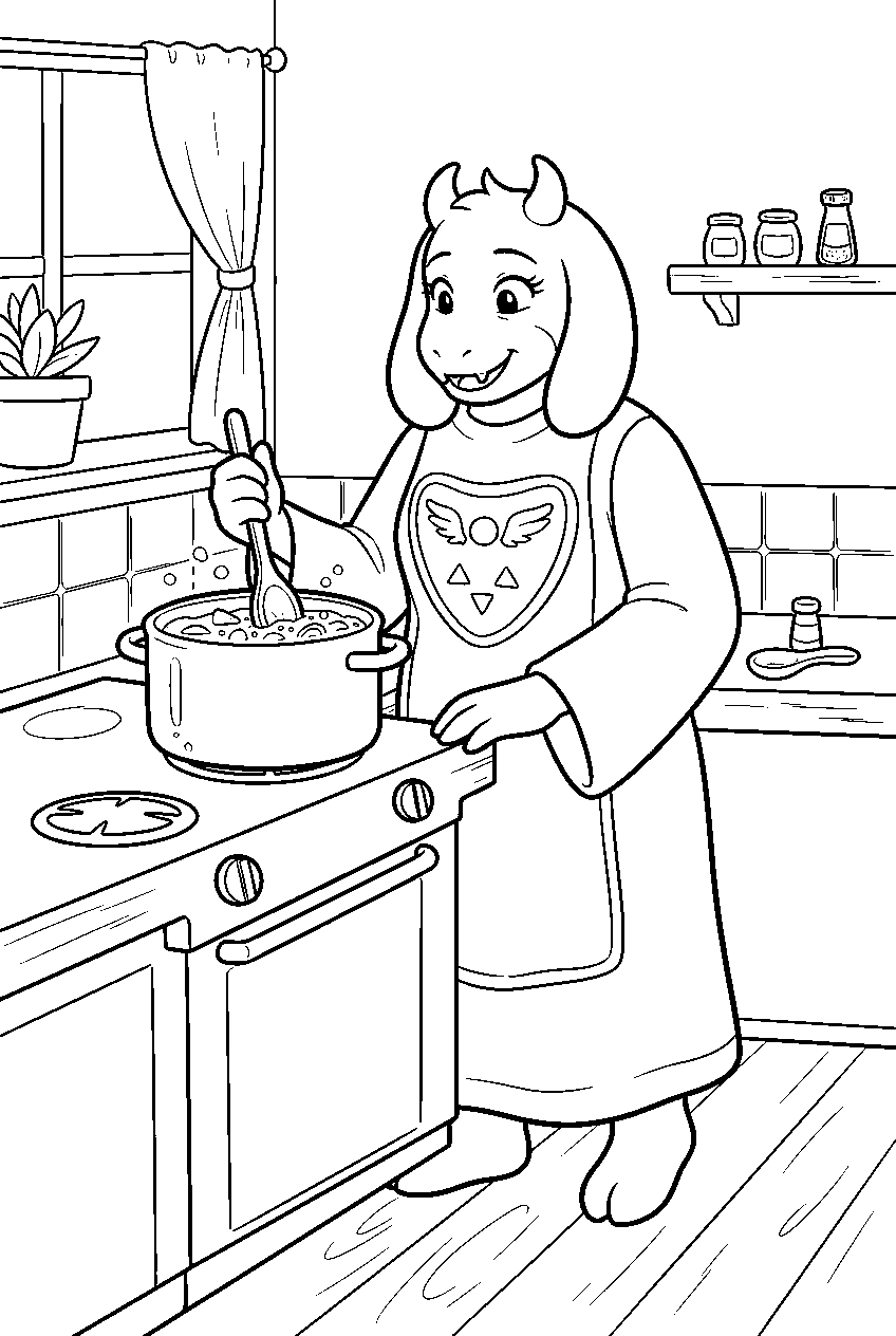 undertale toriel stirring a pot in the kitchen line art