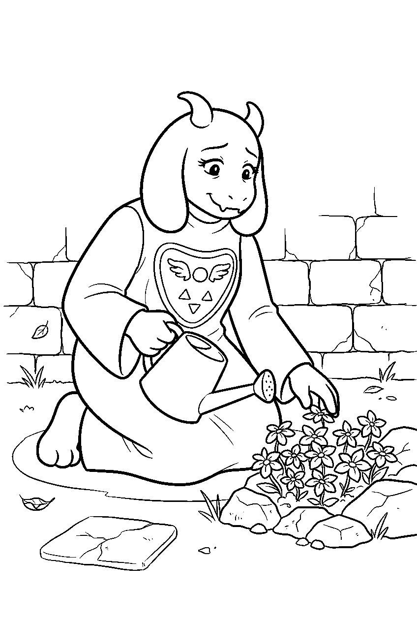 undertale toriel watering golden flowers in the ruins line art