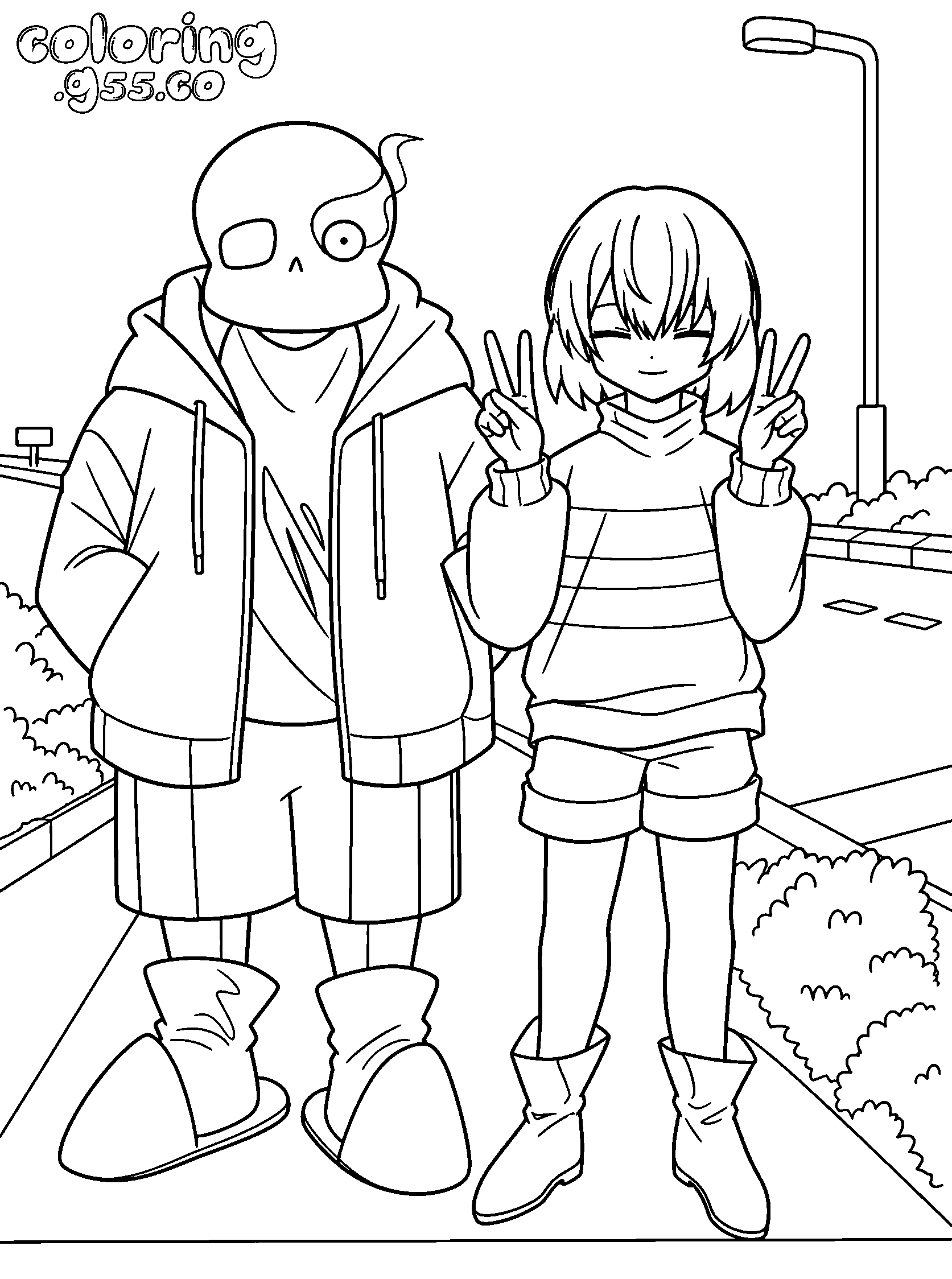 cute sans and frisk peace sign line art