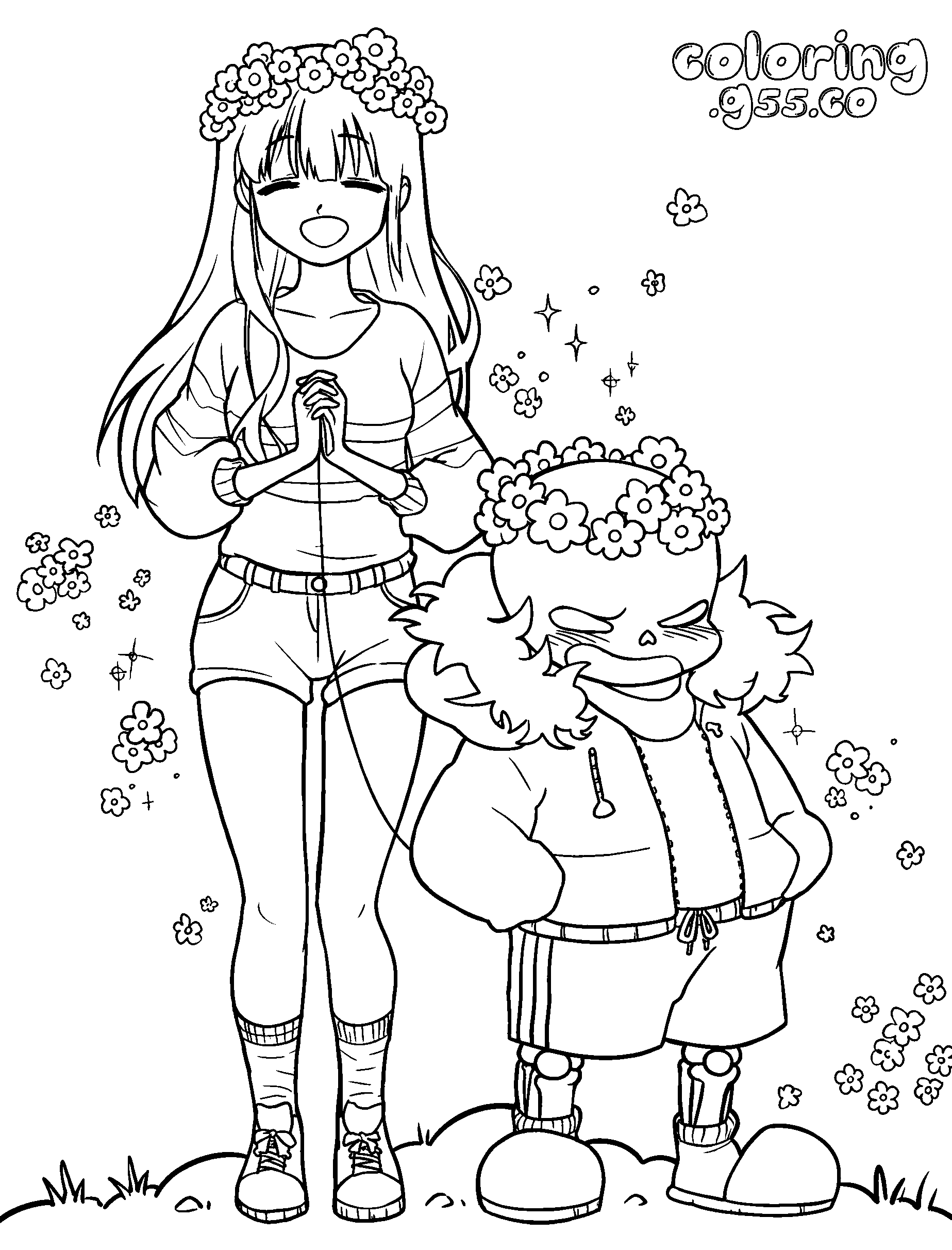 anime frisk and sans flower crown line art