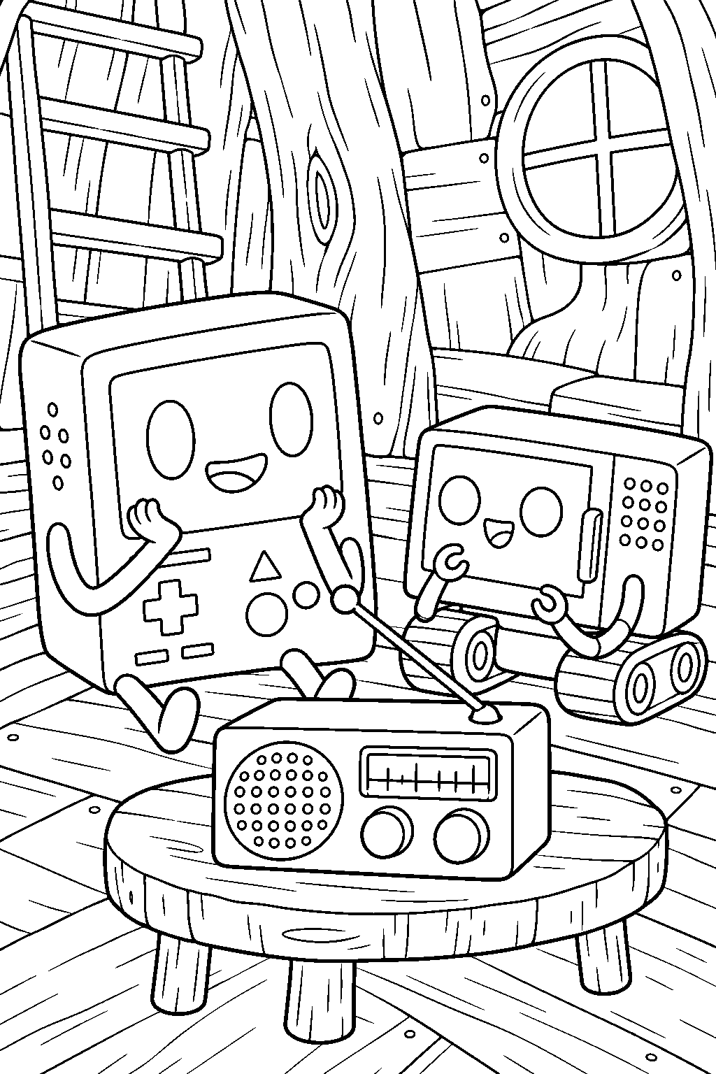 adventure time bmo and neptr listening to jake s radio broadcast in the tree house line art
