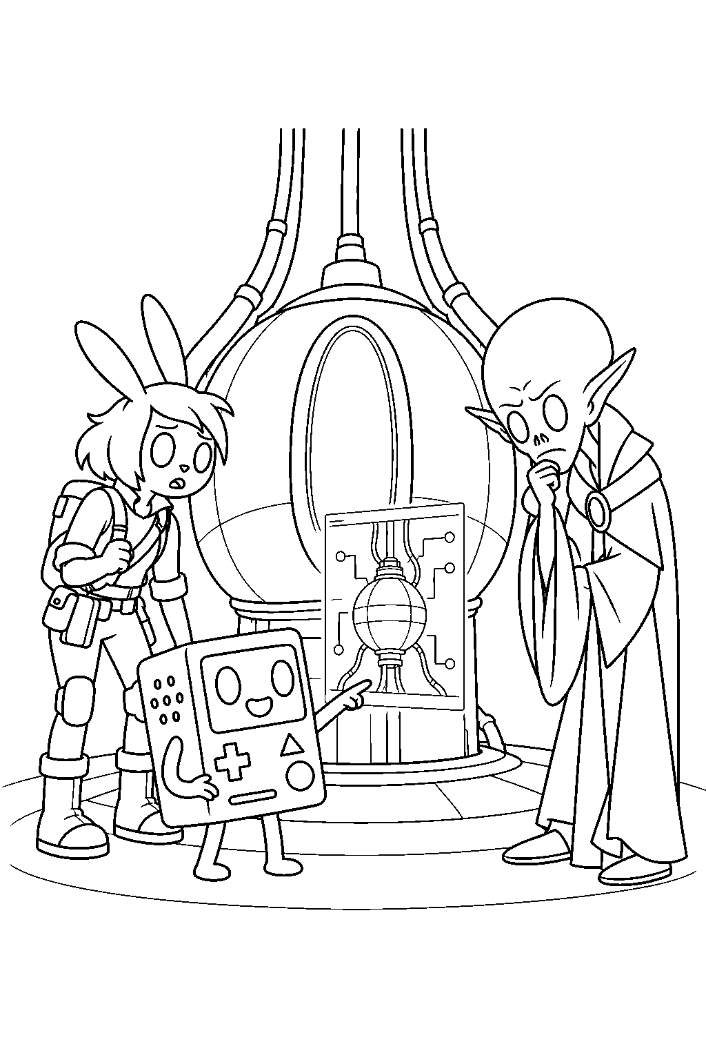 adventure time bmo and y5 exposing hugo s plan beside the unity pod line art