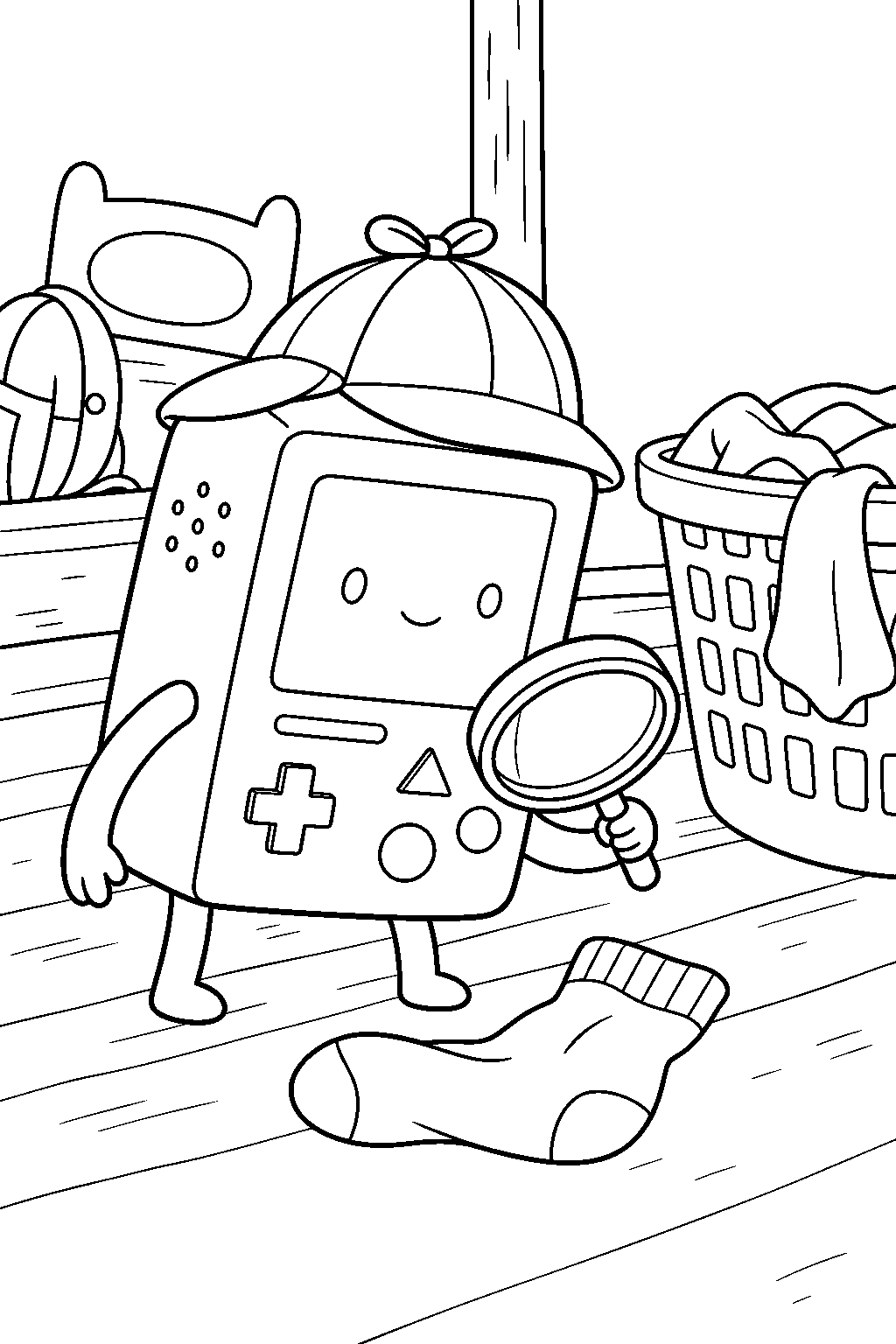 adventure time bmo as a detective searching for finn s missing sock beside a laundry basket line art