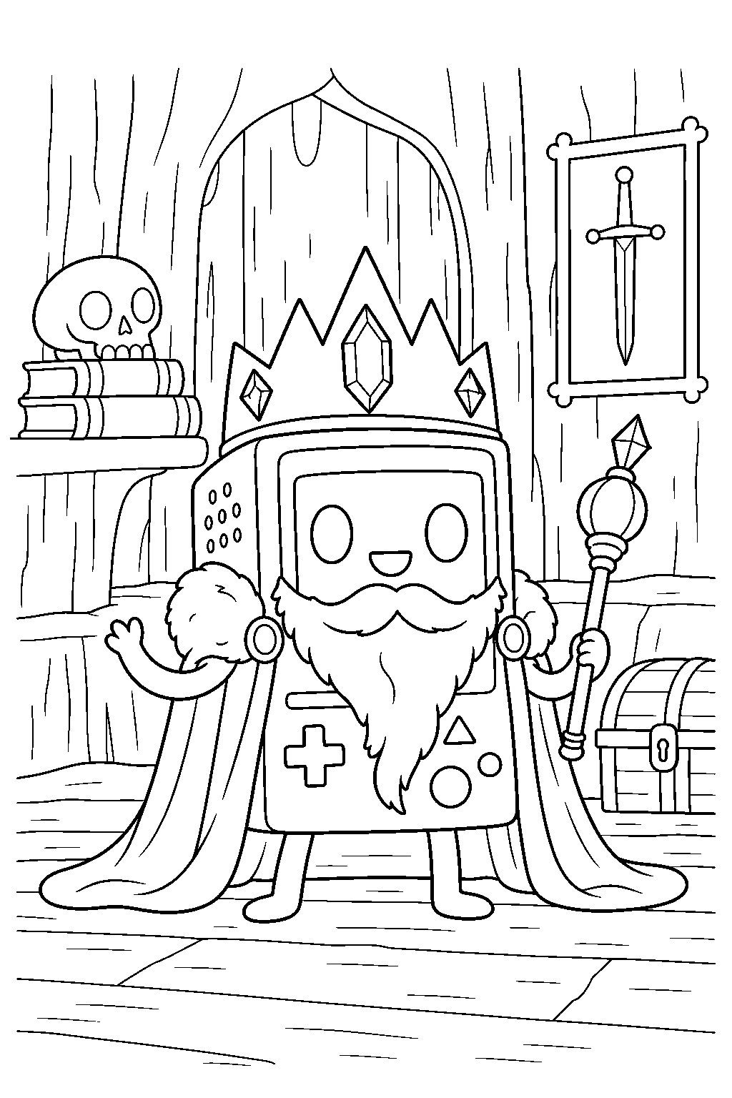 adventure time bmo as the king of ooo wearing a crown and pretend beard line art