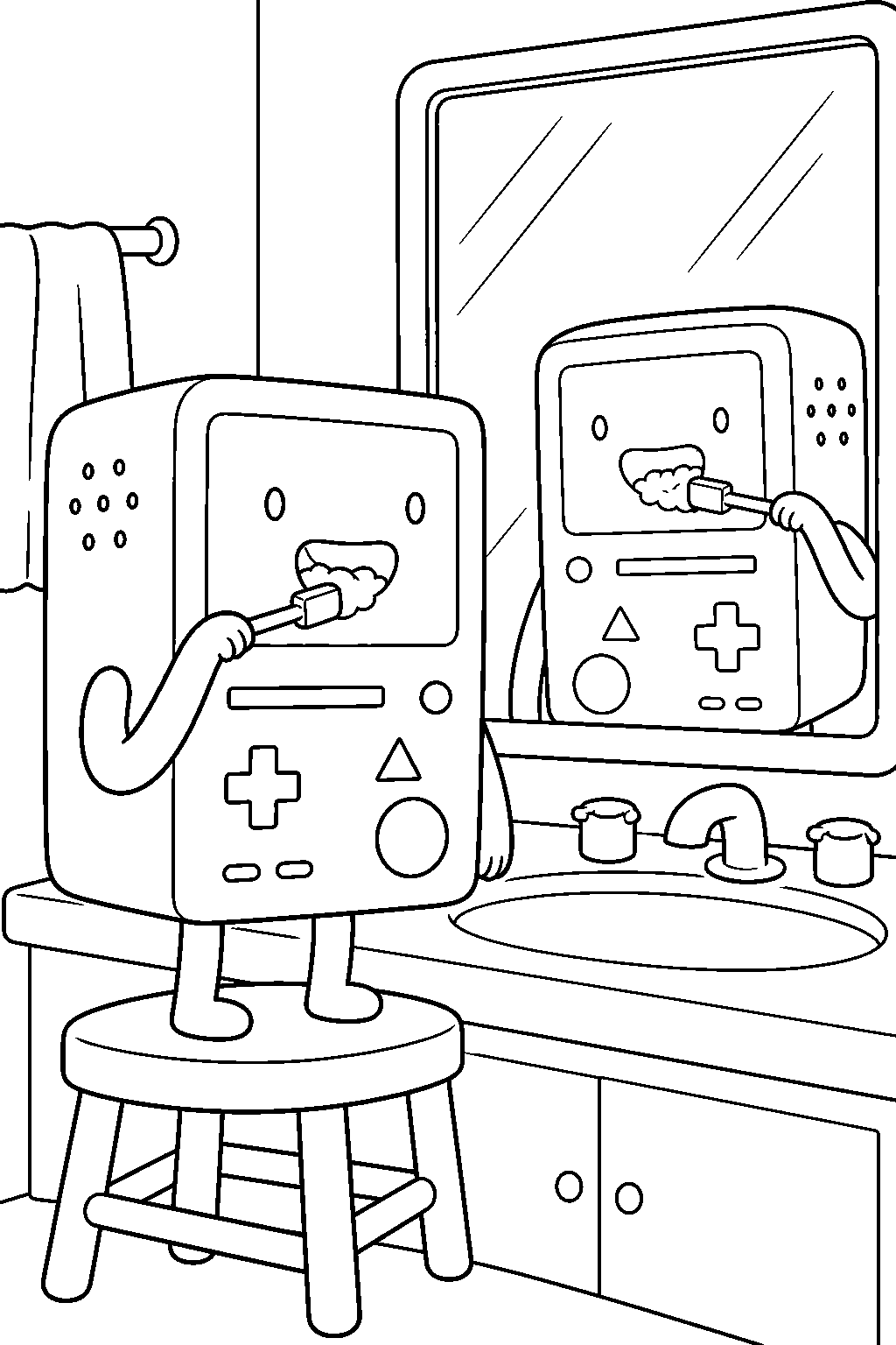 adventure time bmo brushing teeth beside football s reflection in the bathroom mirror line art
