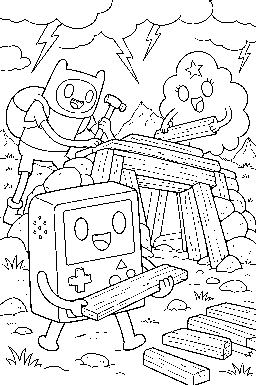 adventure time bmo building a storm bunker with finn and lumpy space princess line art