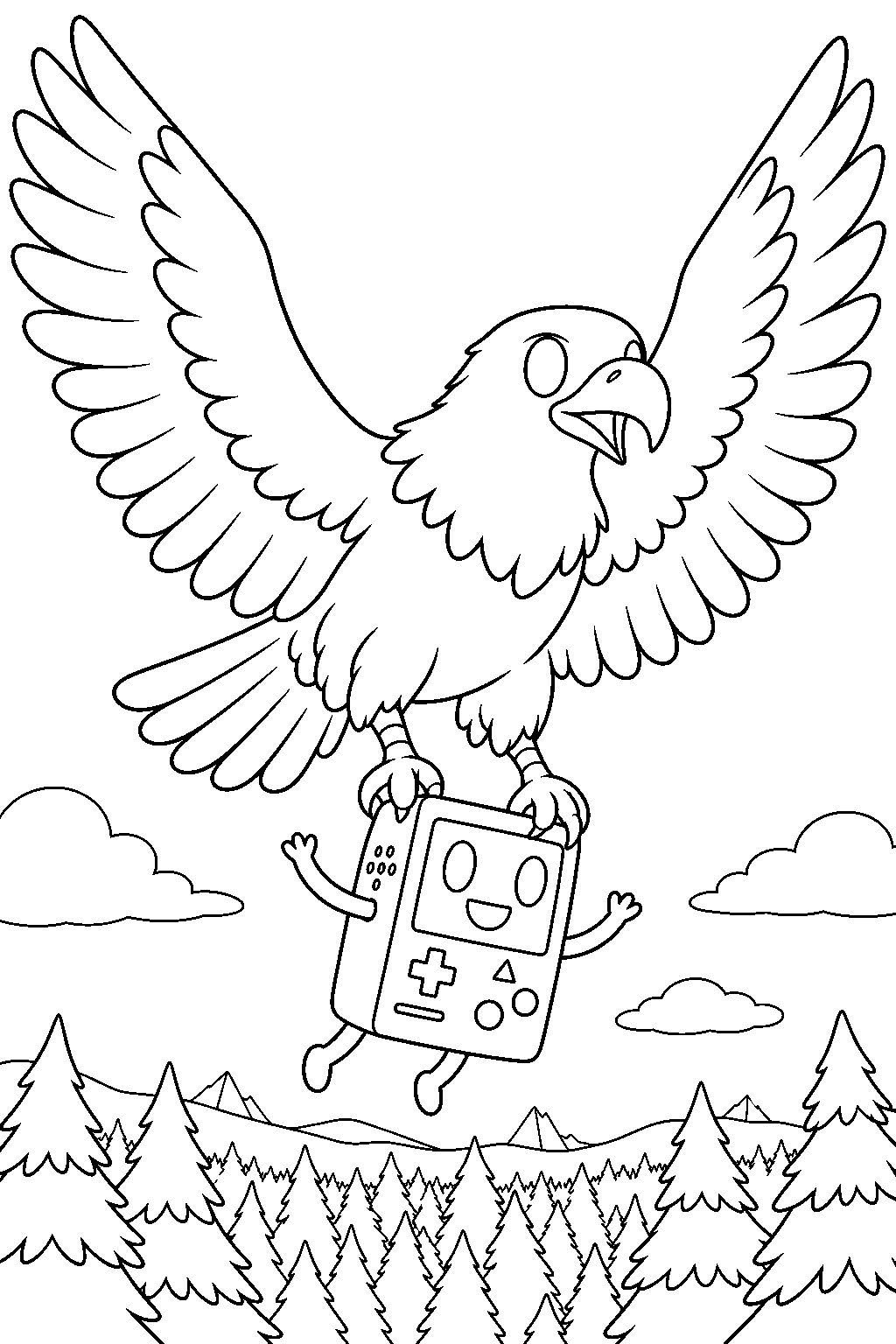 adventure time bmo carried by a giant eagle above the forest line art
