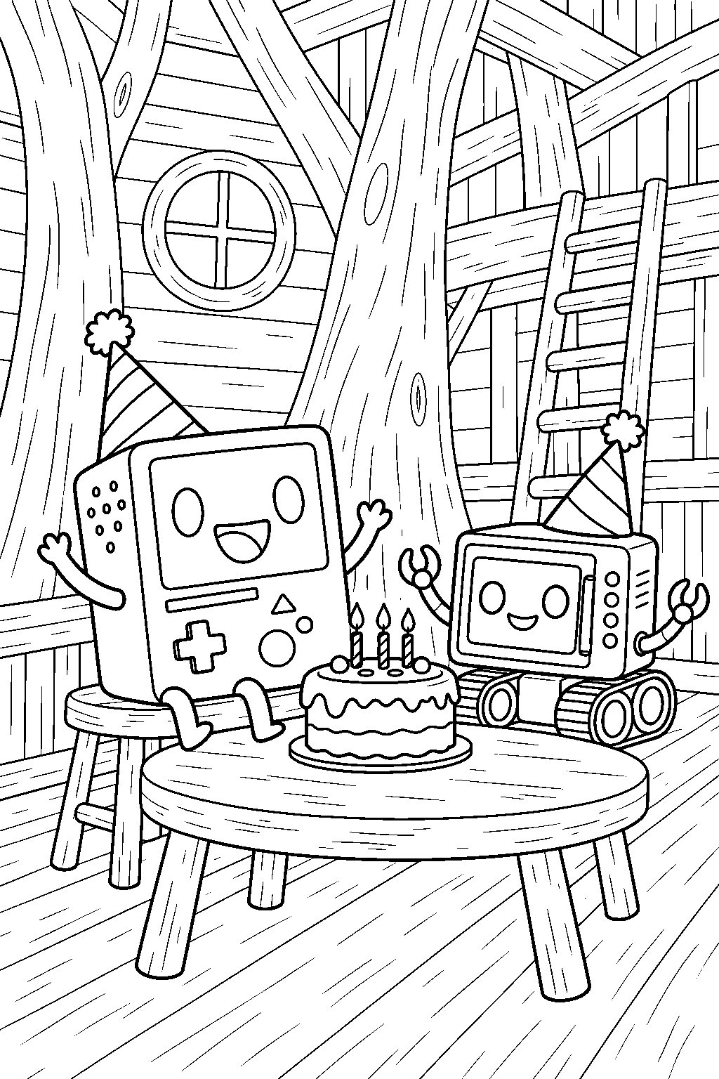 adventure time bmo celebrating a birthday with neptr and a cake in the tree house line art