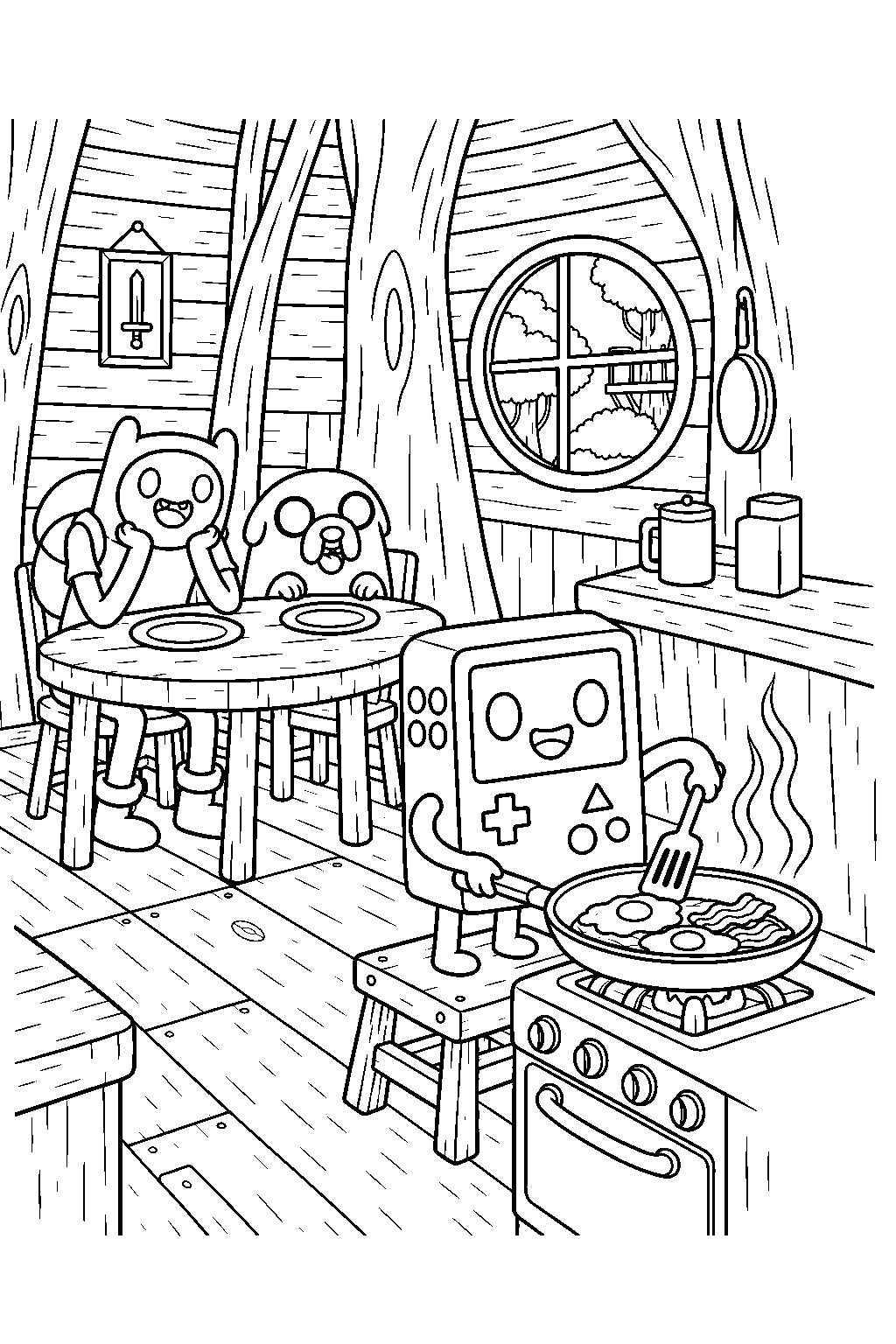 adventure time bmo cooking dinner for finn and jake in the tree house kitchen line art