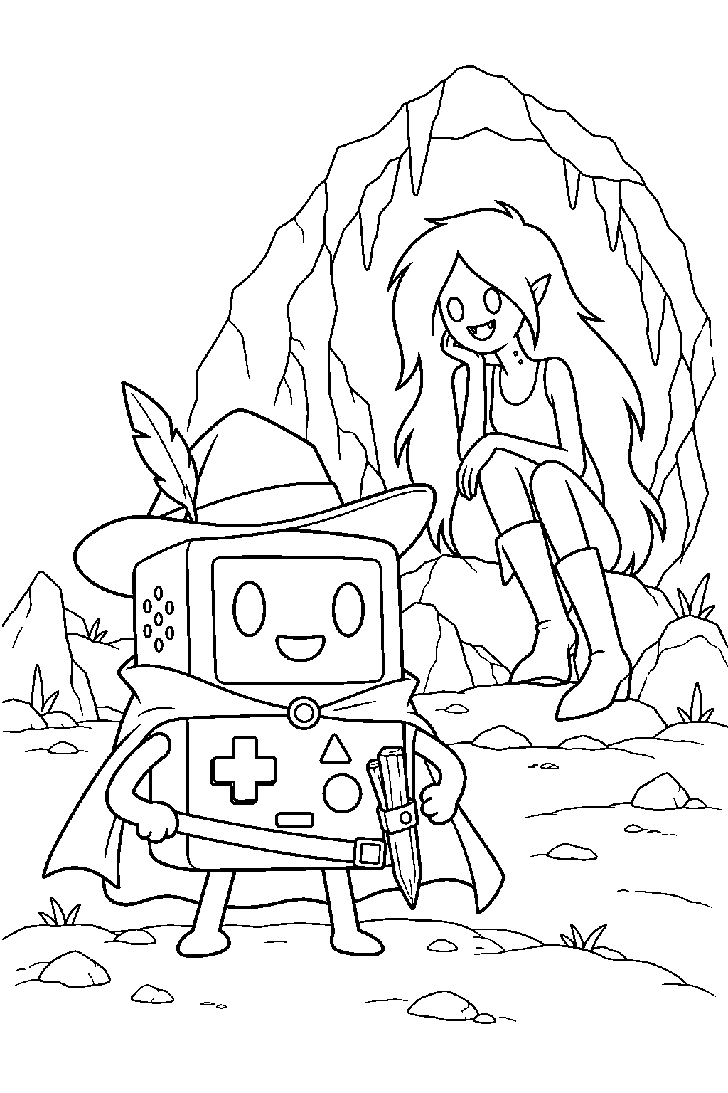 adventure time bmo dressed as a vampire hunter outside marceline s cave line art