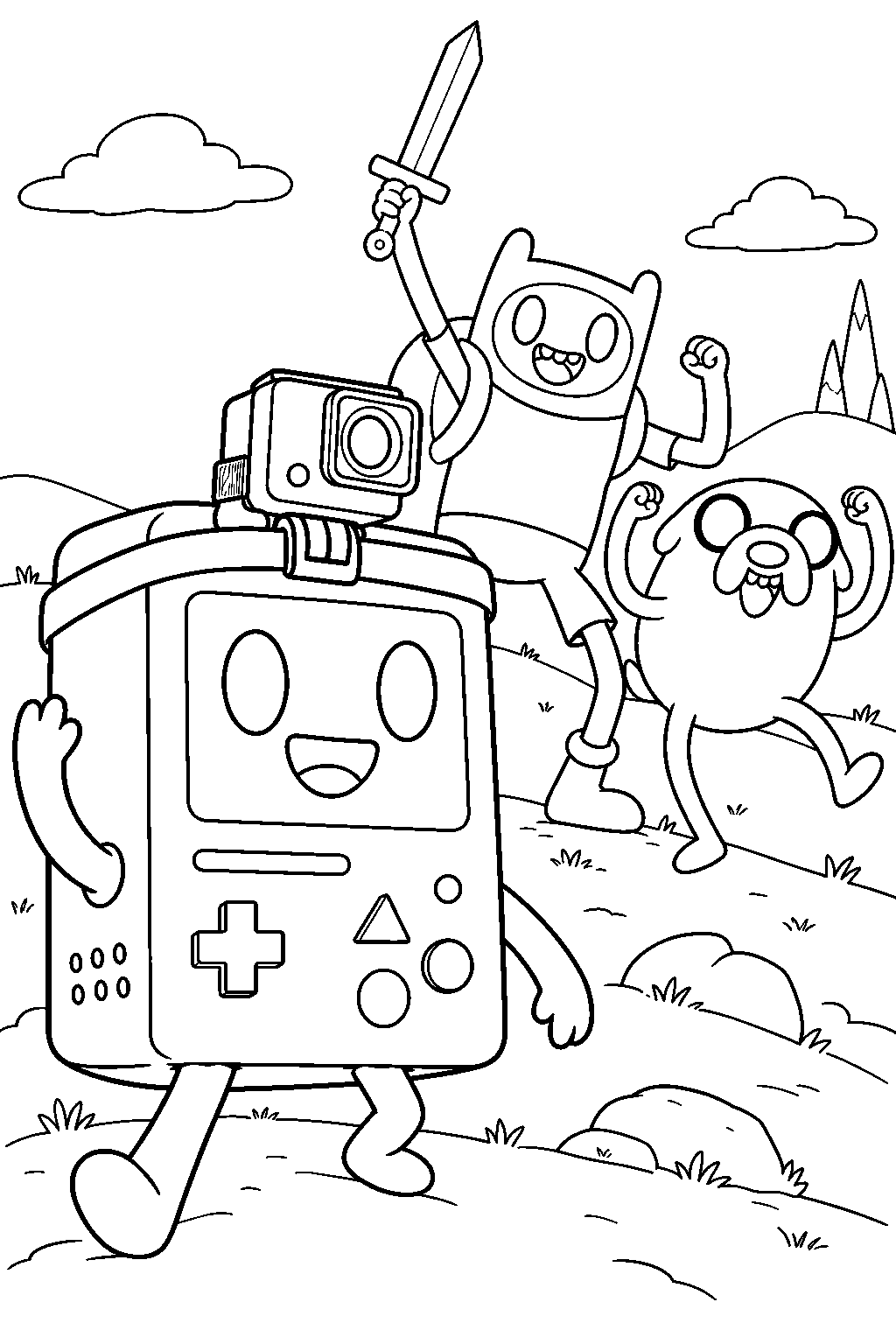 adventure time bmo filming finn and jake with a camera strapped to the head line art