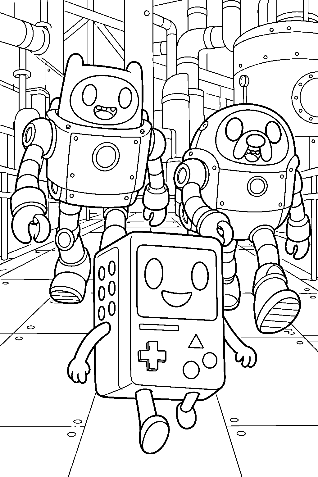 adventure time bmo following finn and jake in mo robot disguises through the factory line art