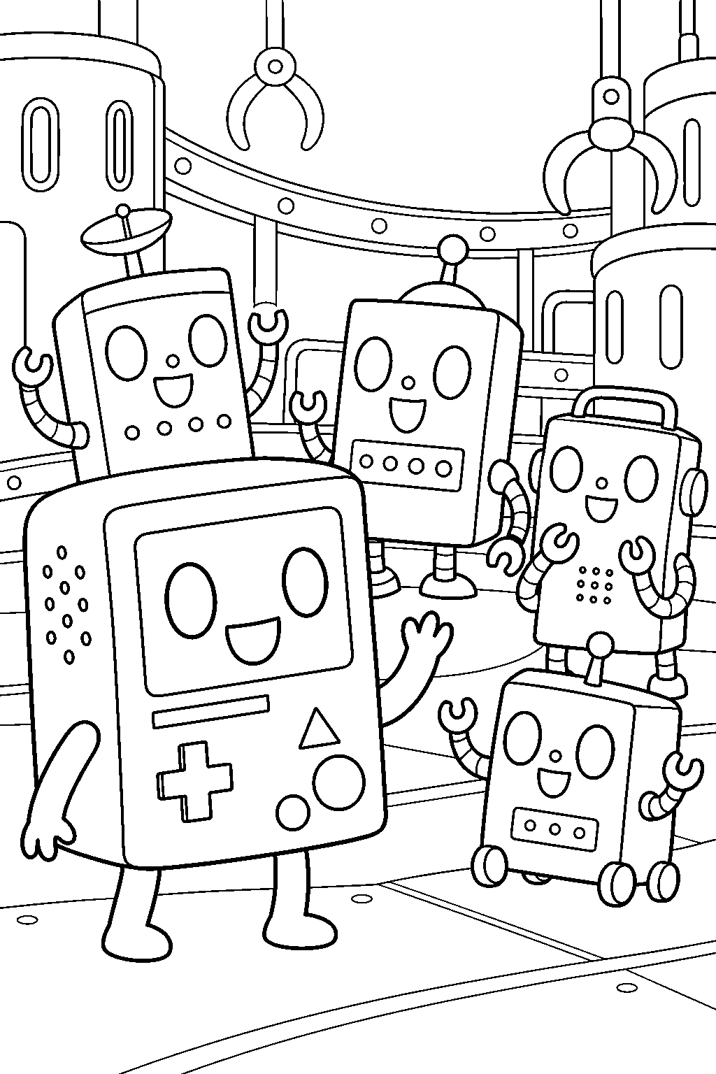 adventure time bmo greeting the mo robot family inside the mo factory line art