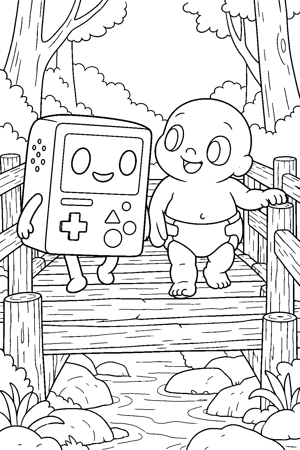 adventure time bmo guiding baby sparkle across a wooden forest bridge line art