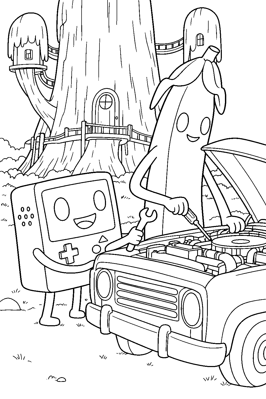 adventure time bmo helping banana man repair the hot daniel truck outside the tree house line art