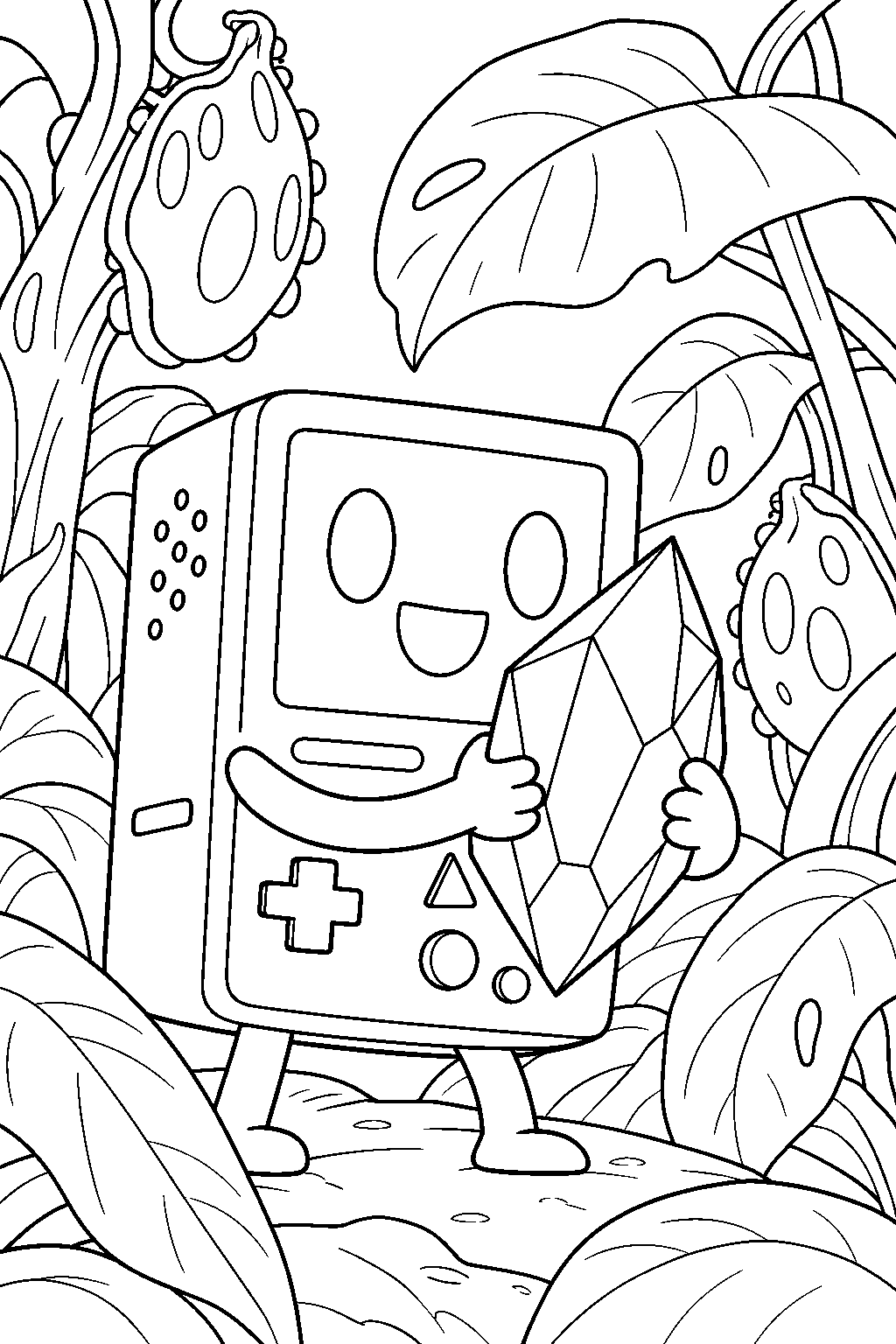 adventure time bmo holding the genesis crystal among the jungle pod s giant plants line art