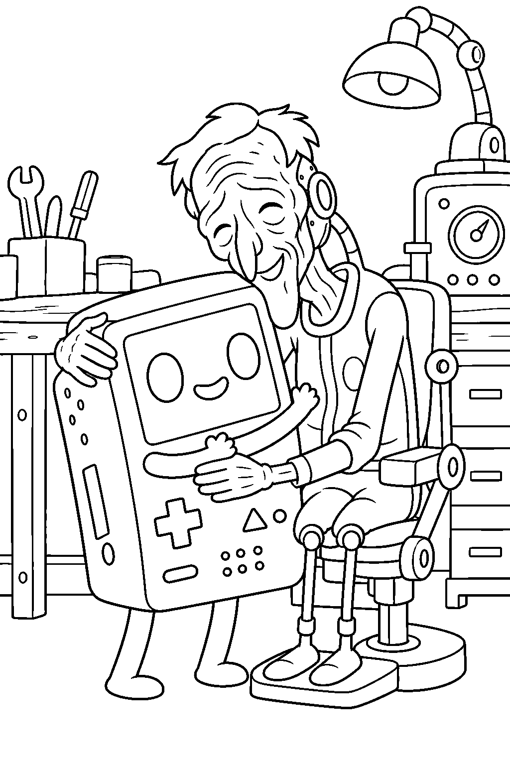 adventure time bmo hugging moe beside his workshop machinery line art