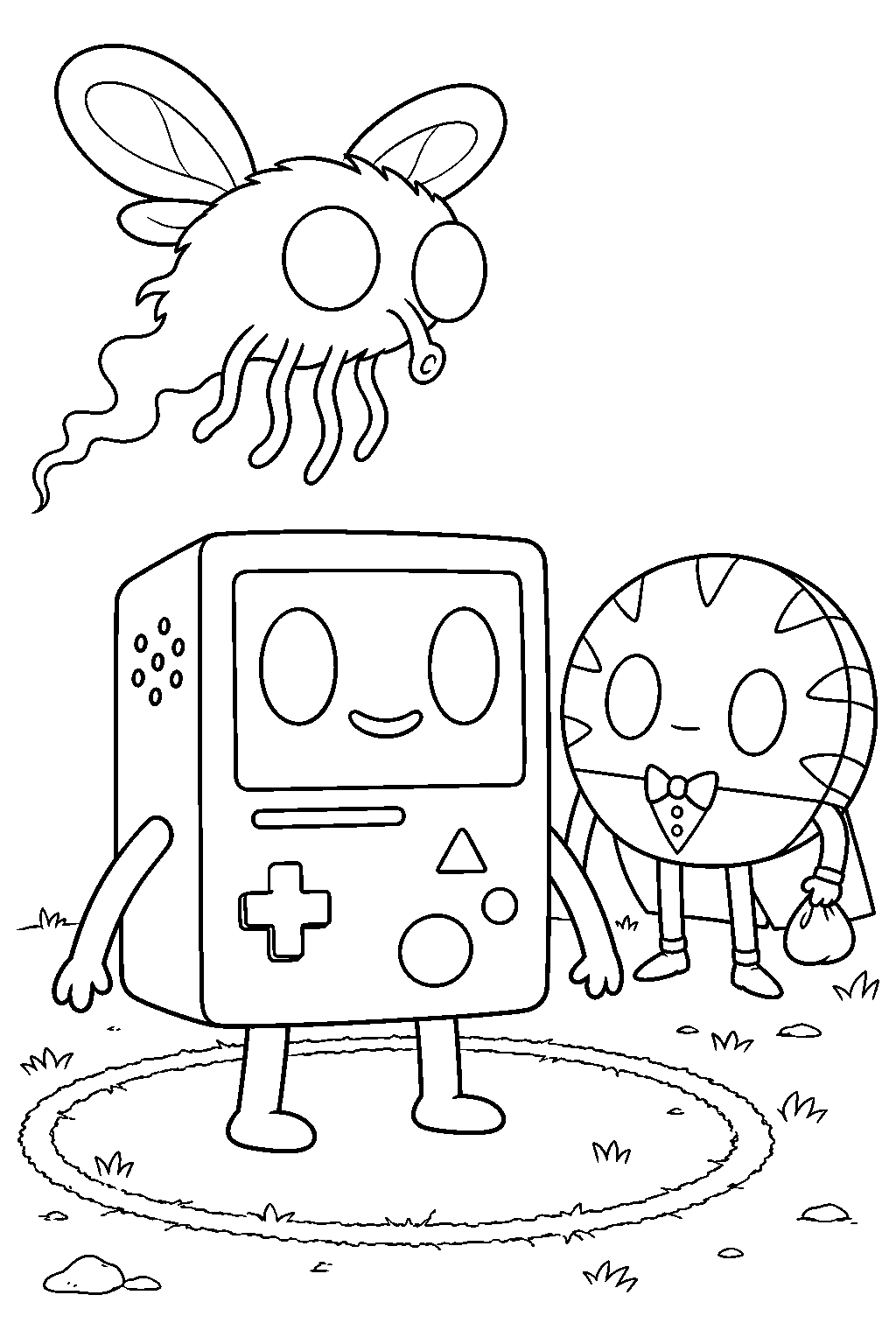 adventure time bmo inside a protective chalk circle with peppermint butler and the ghost fly line art