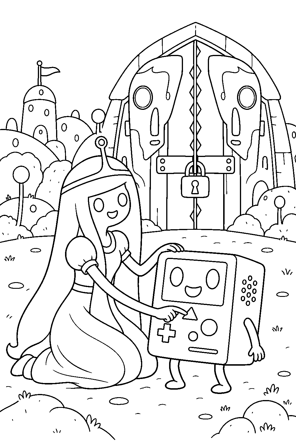 adventure time bmo making music with princess bubblegum outside the door lord s gate line art