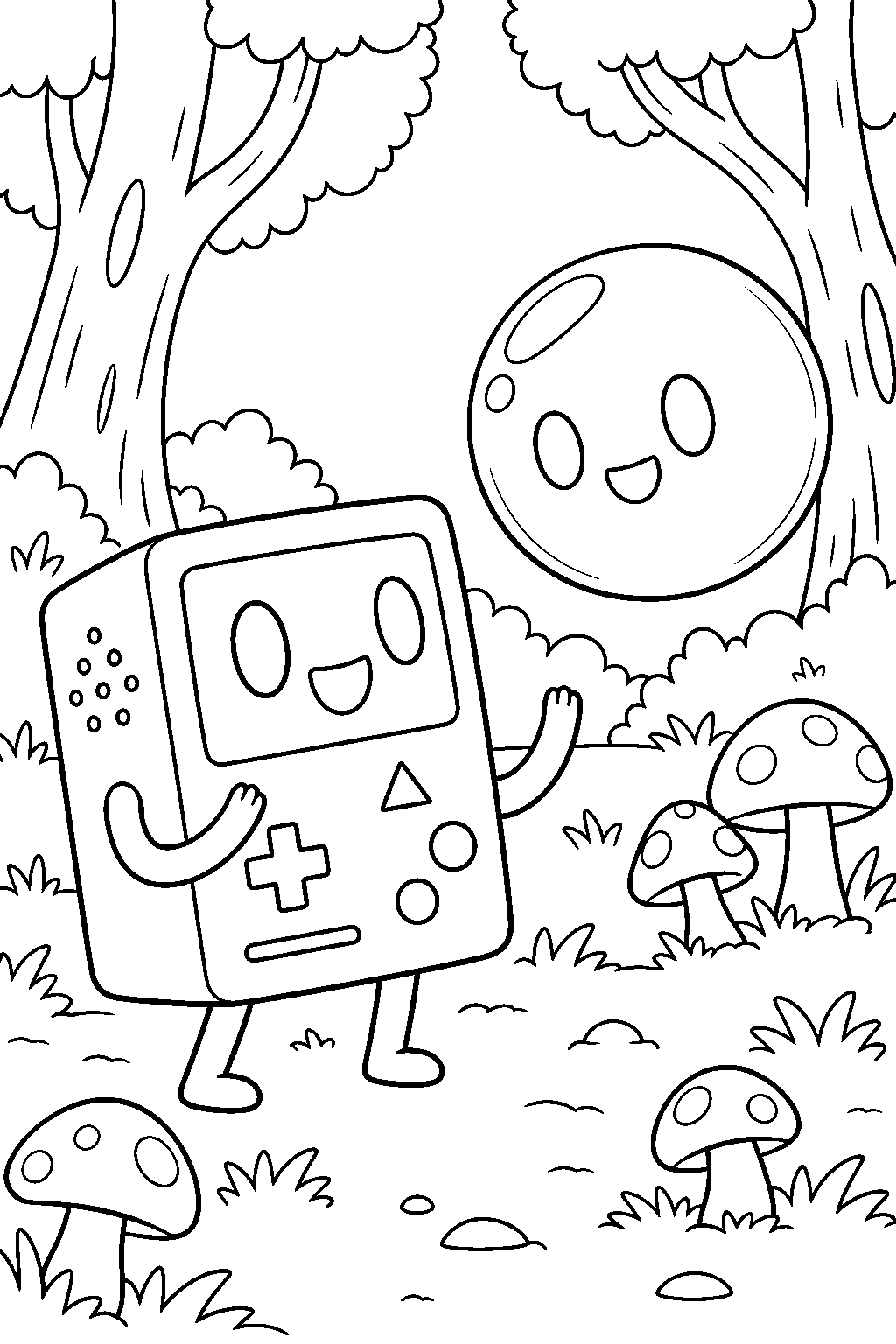 adventure time bmo meeting bubble in a forest clearing with mushrooms line art