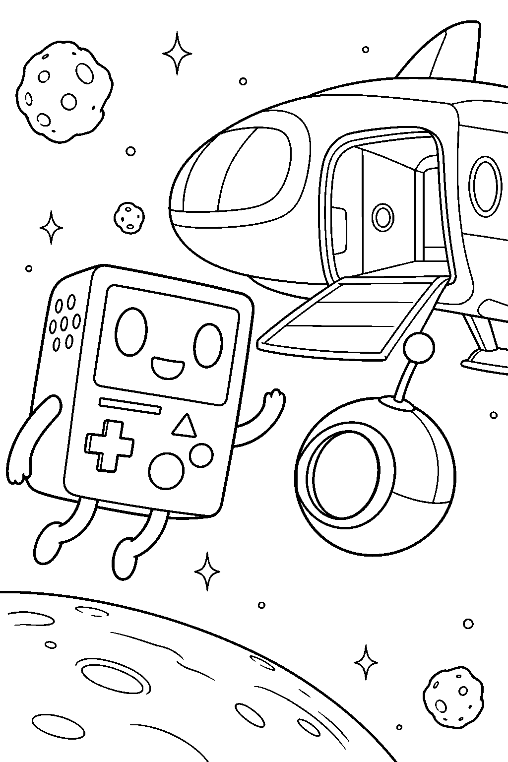 adventure time bmo meeting olive beside a spaceship in outer space line art