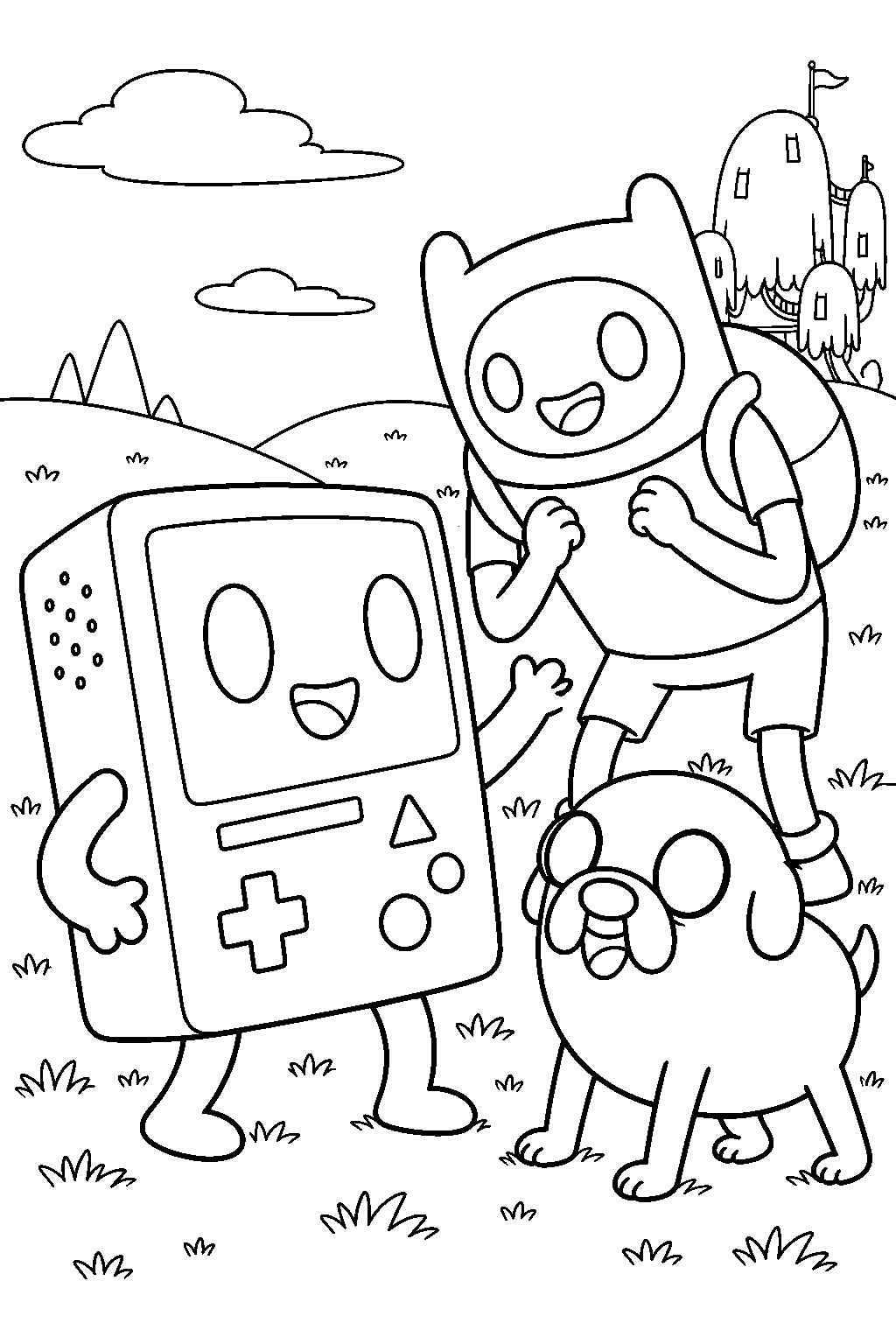 adventure time bmo meeting young finn and jake on a grassy hill in ooo line art