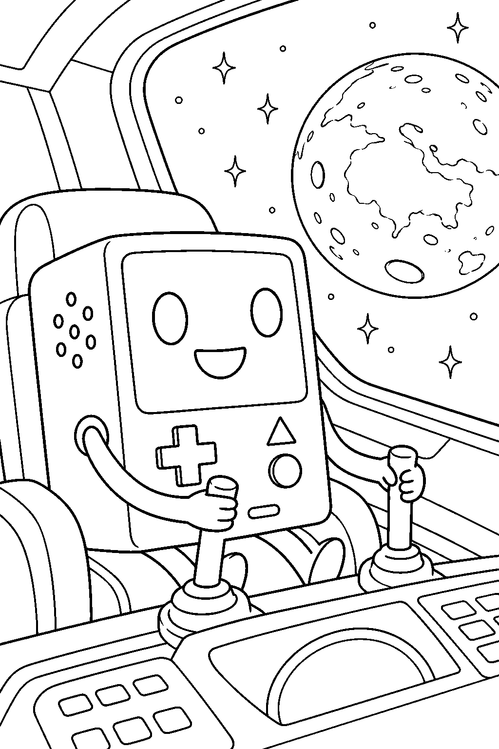 adventure time bmo piloting a spaceship toward mars with stars outside the window line art