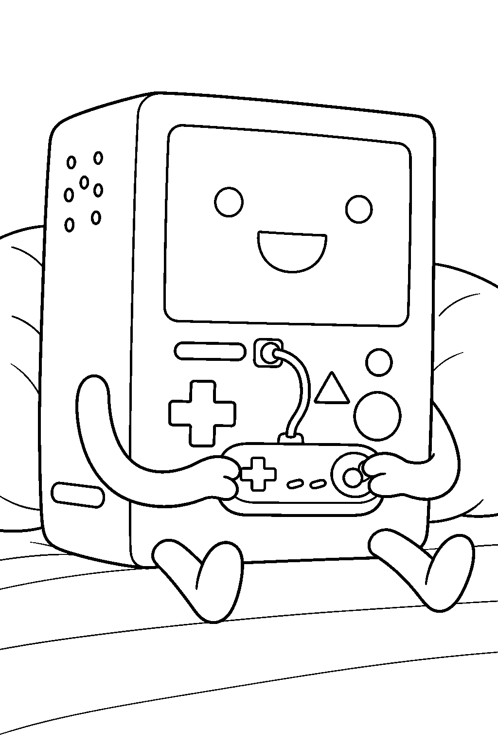 adventure time bmo playing a video game with a wired controller line art
