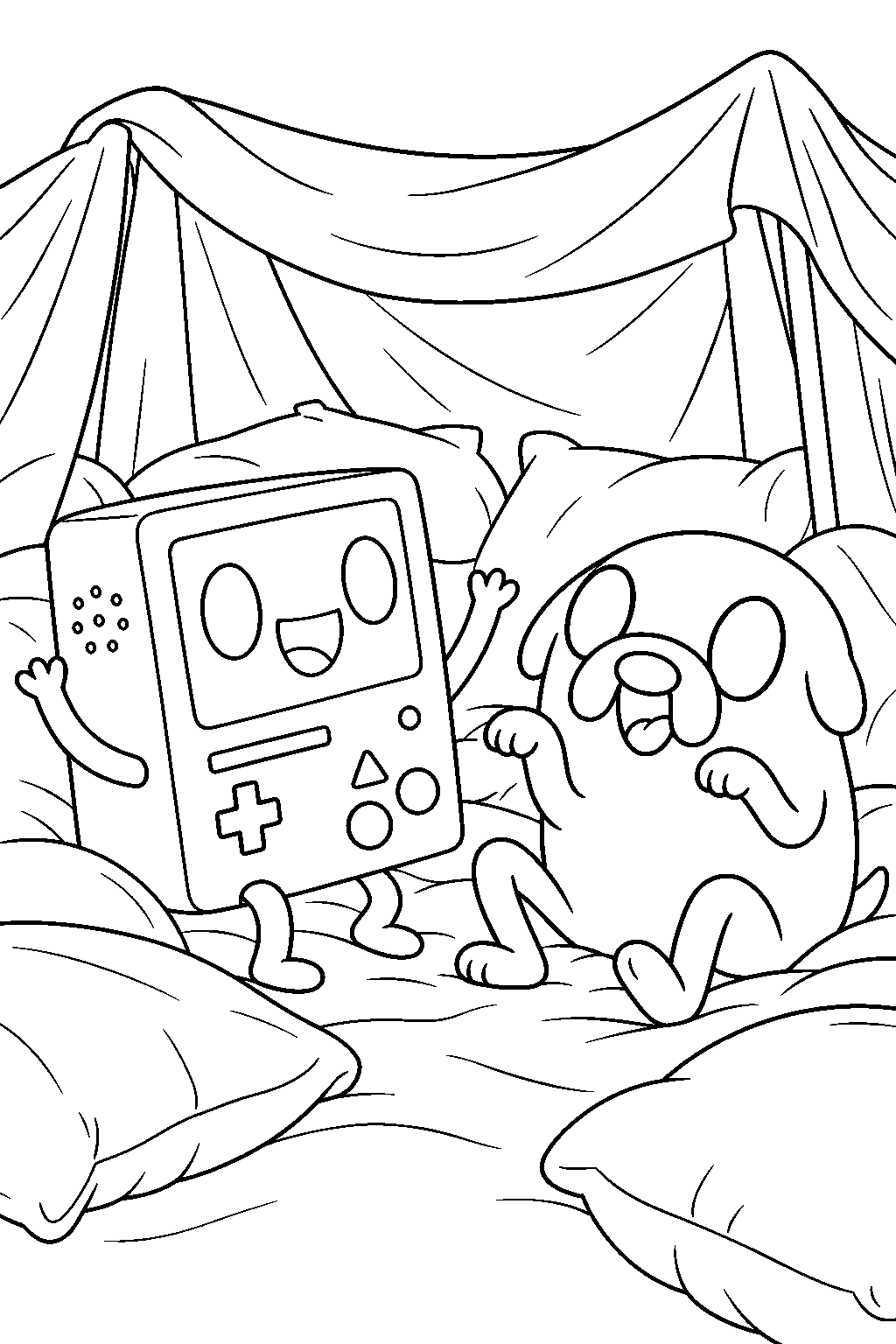 adventure time bmo playing with jake inside a pillow fort line art