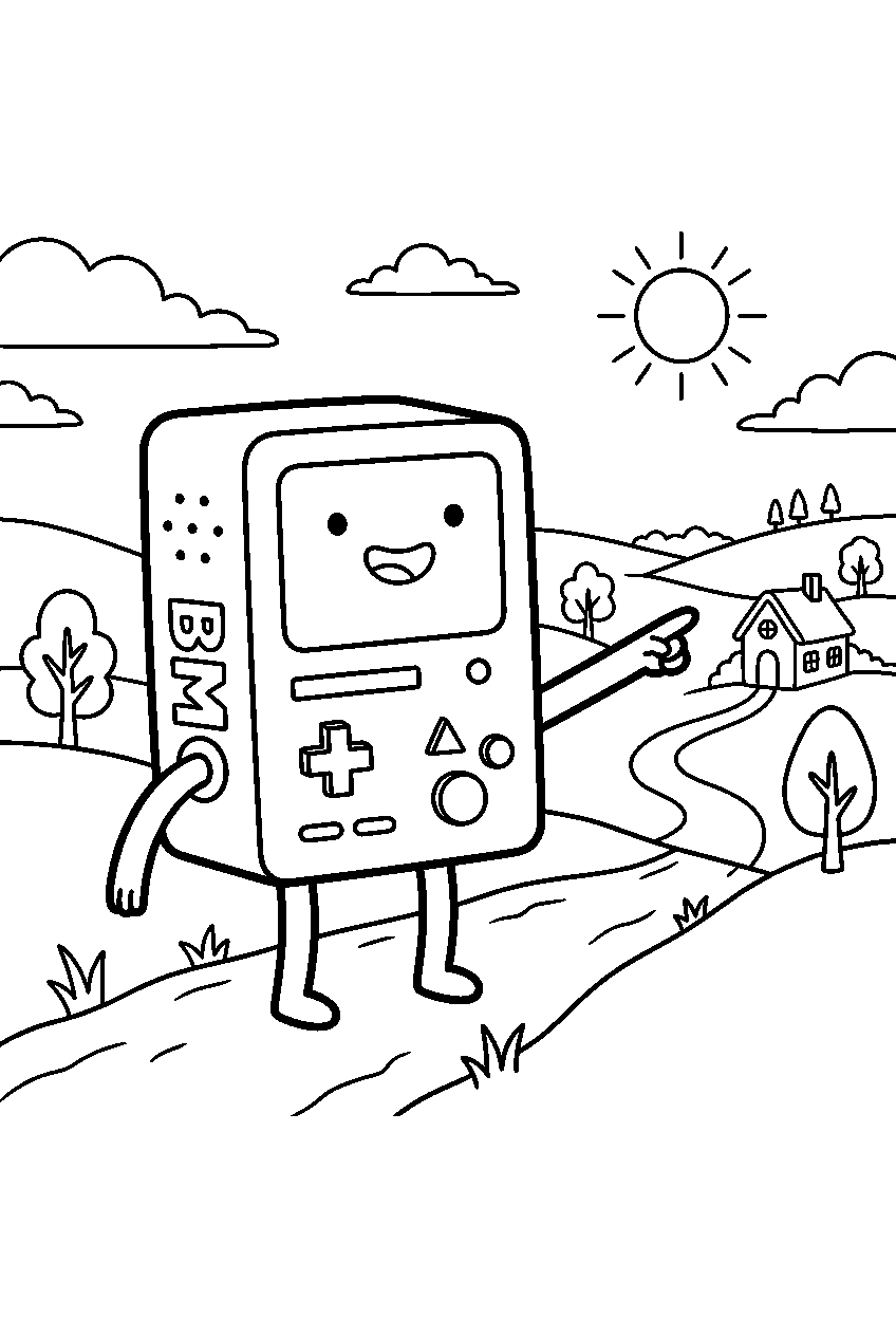 adventure time bmo pointing in sunny countryside line art