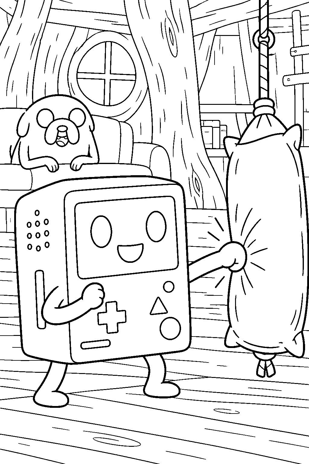 adventure time bmo practicing karate with a pillow punching bag in the tree house line art