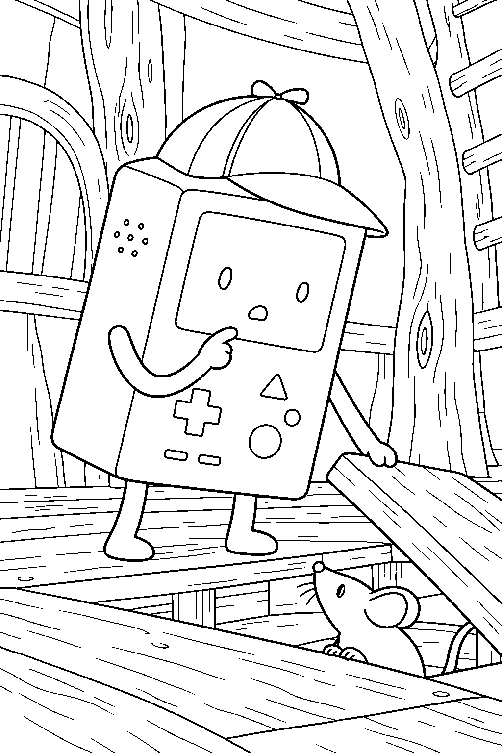 adventure time bmo questioning ronnie the mouse beneath the tree house floorboards line art
