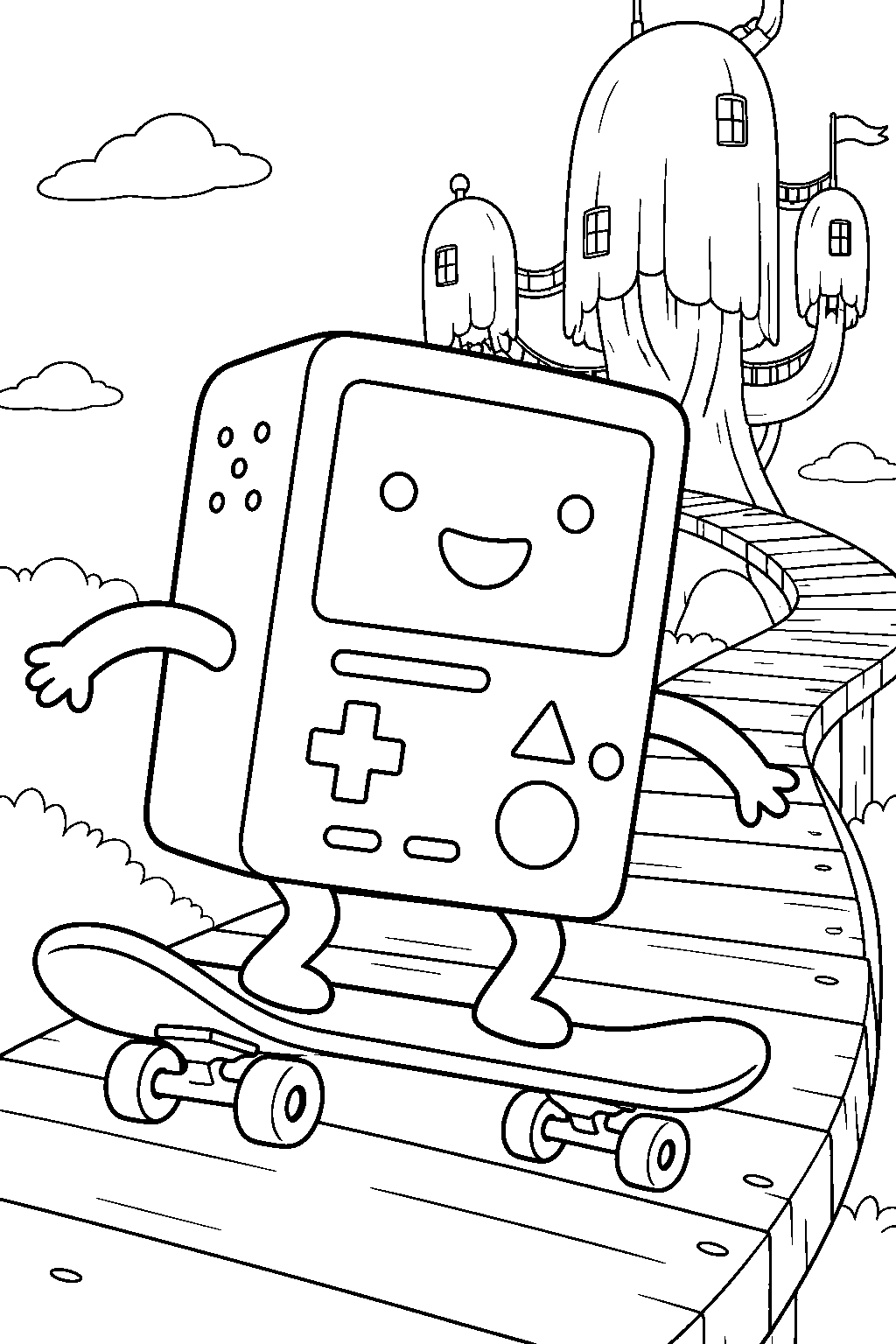 adventure time bmo riding a skateboard along the tree house path line art