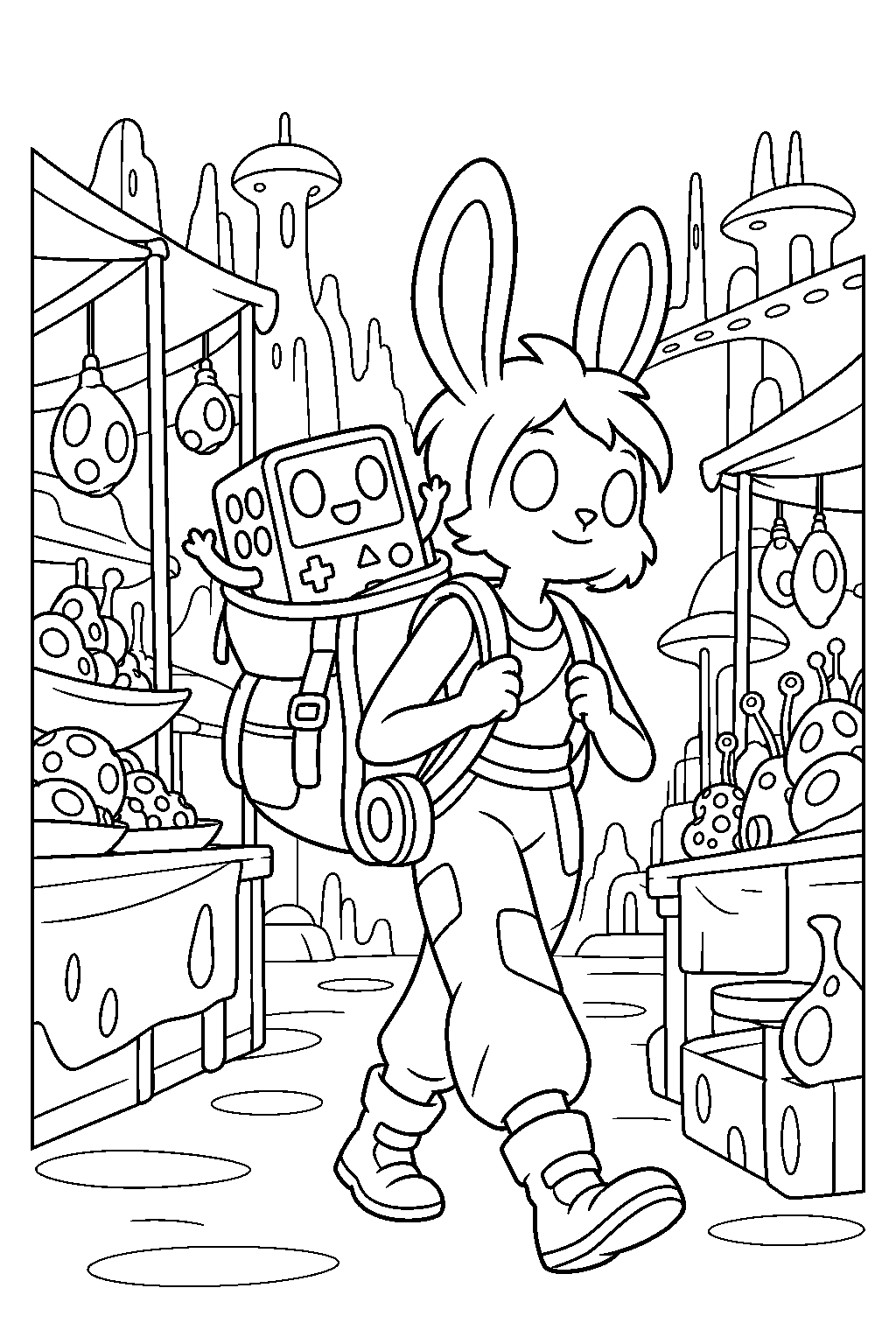 adventure time bmo riding inside y5 s backpack through the drift s alien market line art