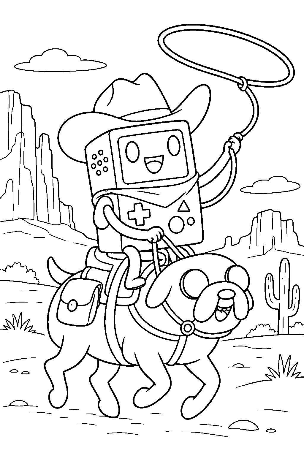 adventure time bmo riding jake as a horse during a cowboy adventure line art