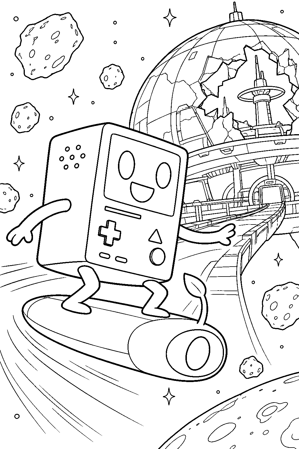 adventure time bmo riding olive as a hoverboard toward the damaged space station dome line art
