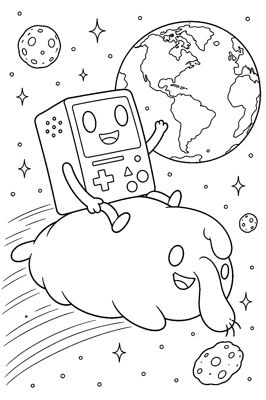 adventure time bmo riding ricky the space lard through space toward earth line art