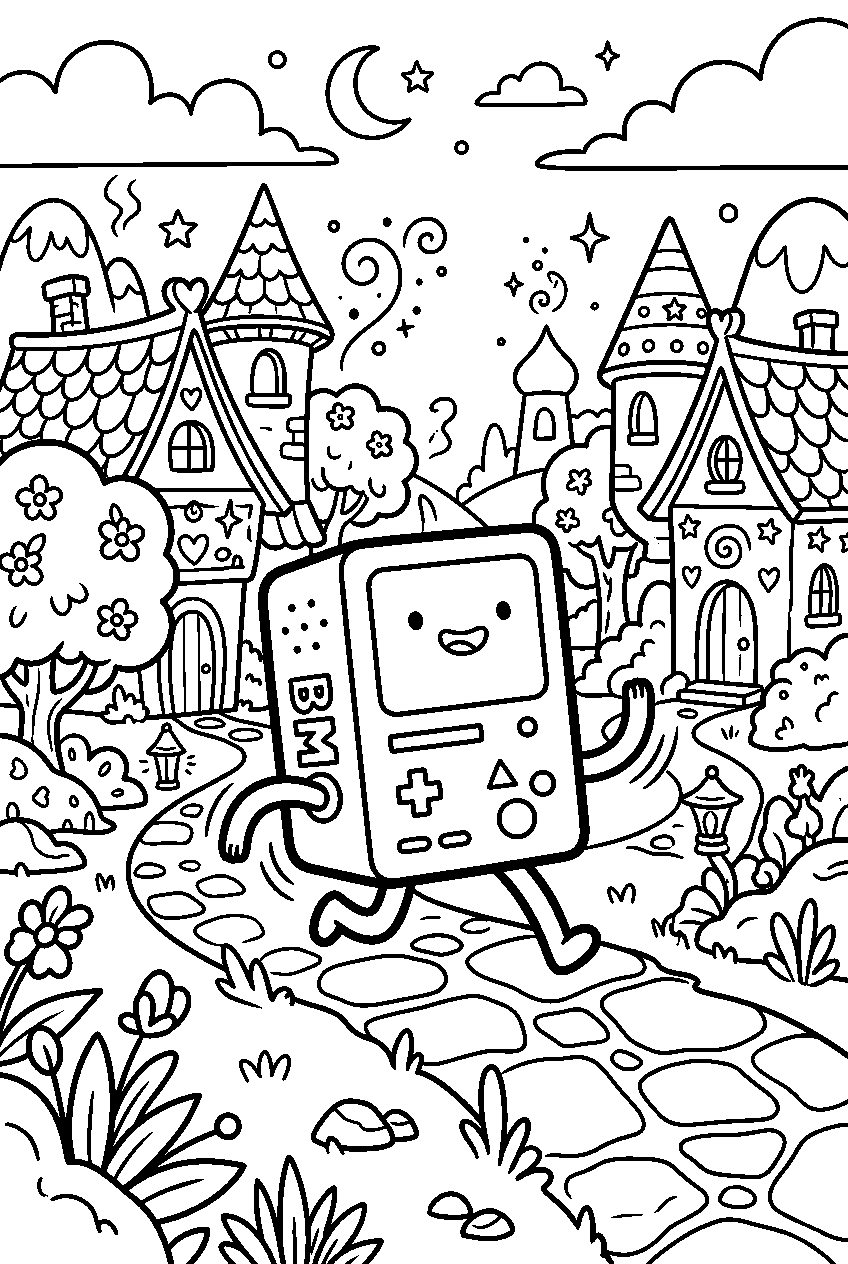 adventure time bmo running in magical village line art