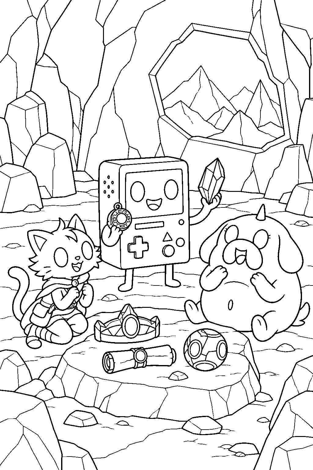adventure time bmo showing ancient keepsakes to shermy and beth on mount cragdor line art