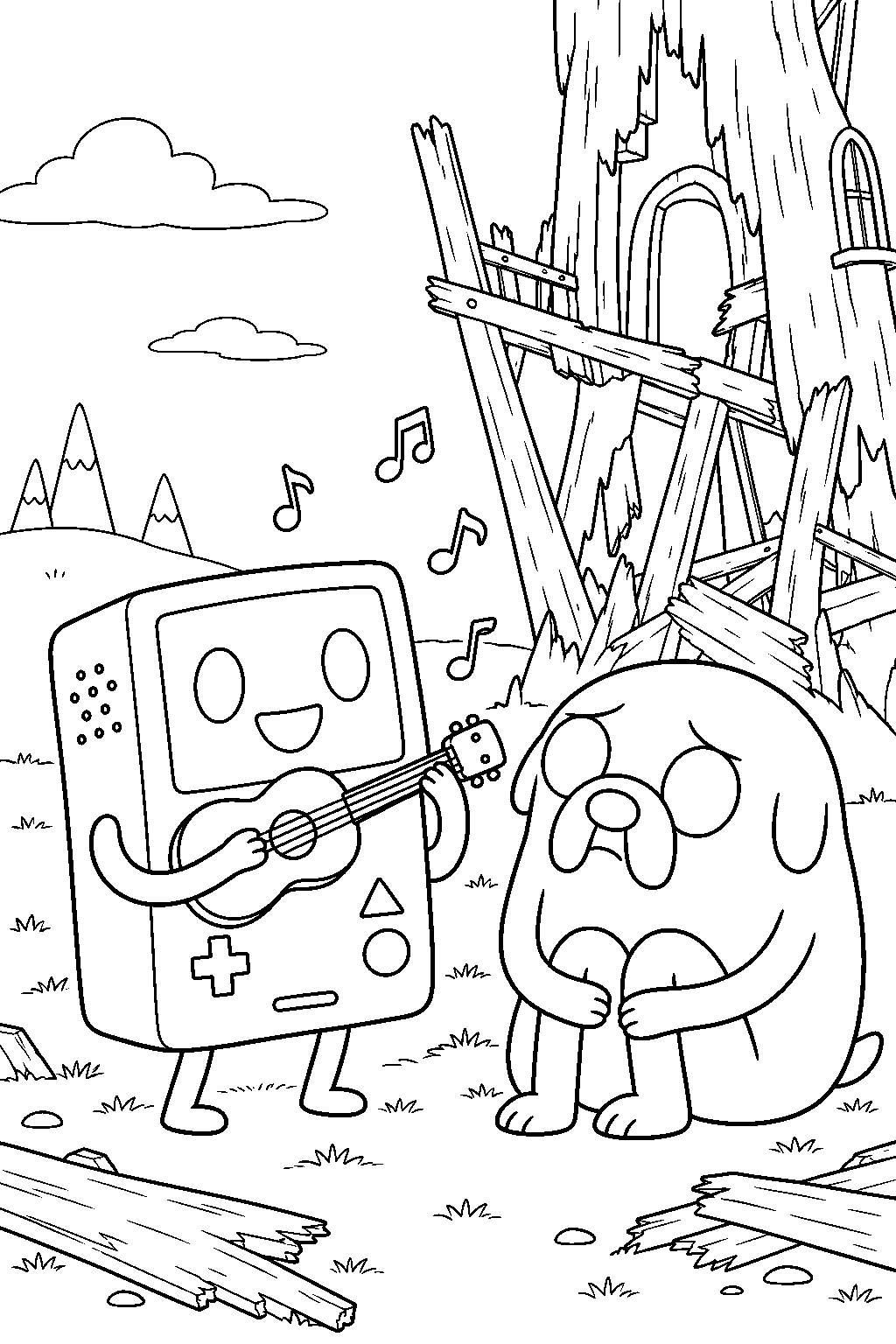 adventure time bmo singing time adventure to jake beside the ruined tree house line art