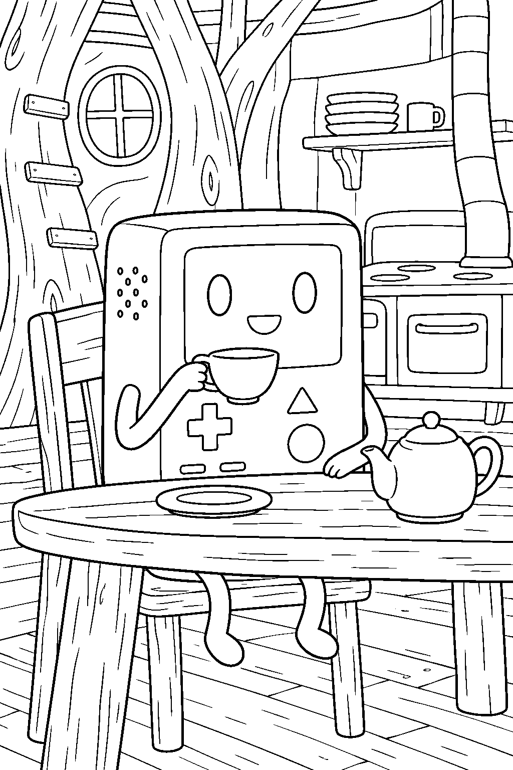 adventure time bmo sipping tea at the tree house kitchen table line art