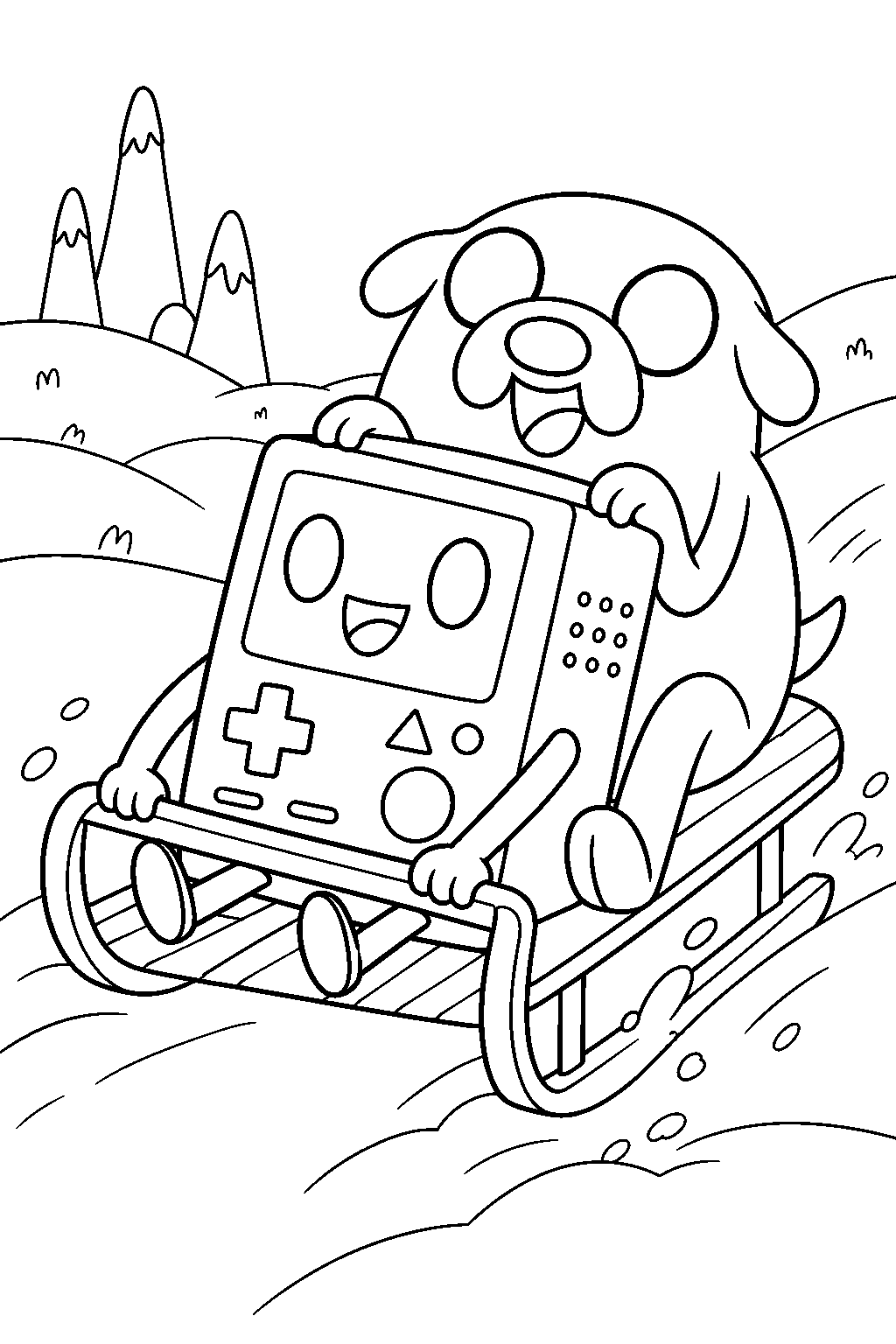 adventure time bmo sledding downhill with jake in the snowy grasslands line art