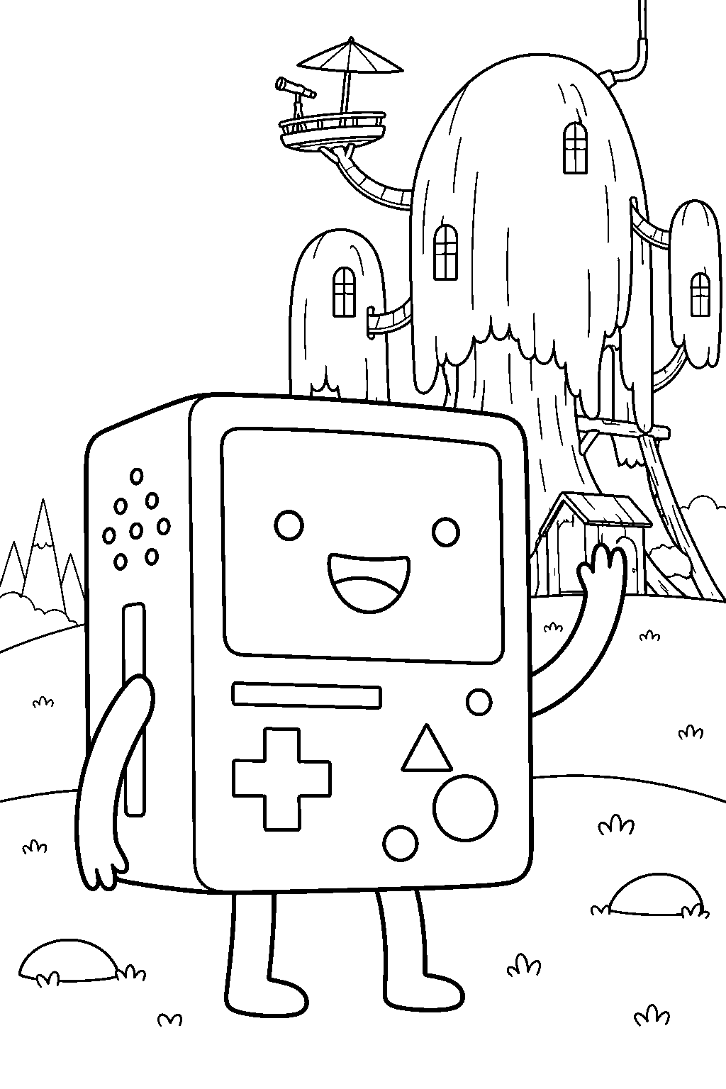 adventure time bmo smiling and waving outside the tree house line art