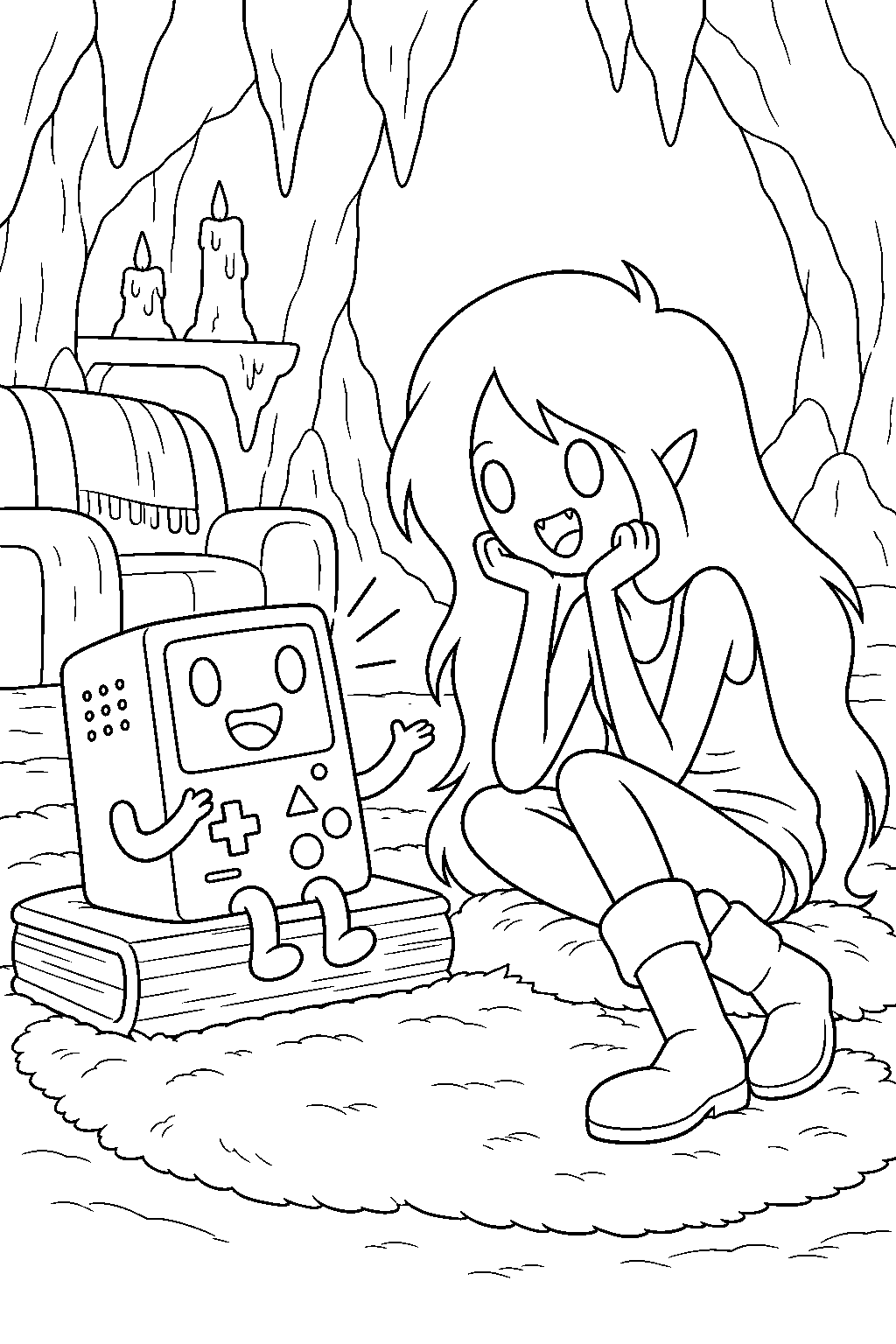 adventure time bmo telling adventure stories to marceline inside her cave home line art